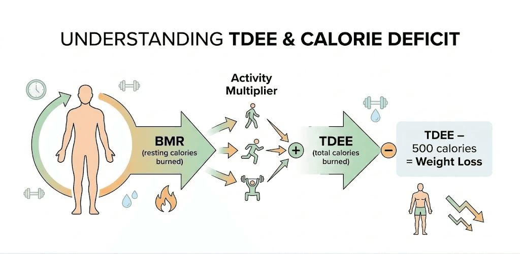 A clean infographic illustrating 'Understanding TDEE & Calorie Deficit'. A human body icon connects BMR (resting calories burned) to activity multiplier levels (sedentary to high), which sum to TDEE (total calories burned). A final arrow shows that 'TDEE - 500 calories = Weight Loss', complete with icons for metabolism, fitness, and data tracking.