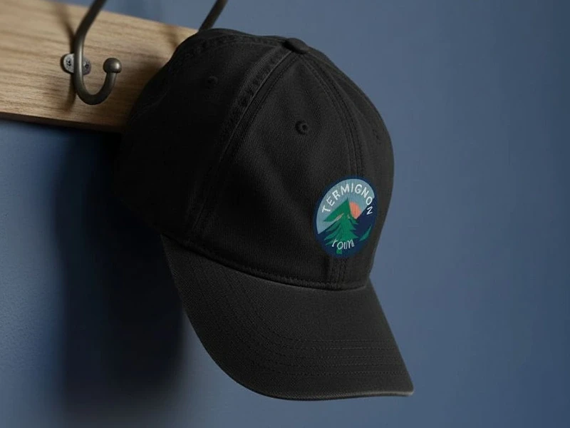 Casquette noire suspendue à un porte-manteau, ornée du logo circulaire « Termignon l’Outa » représentant une montagne stylisée.
