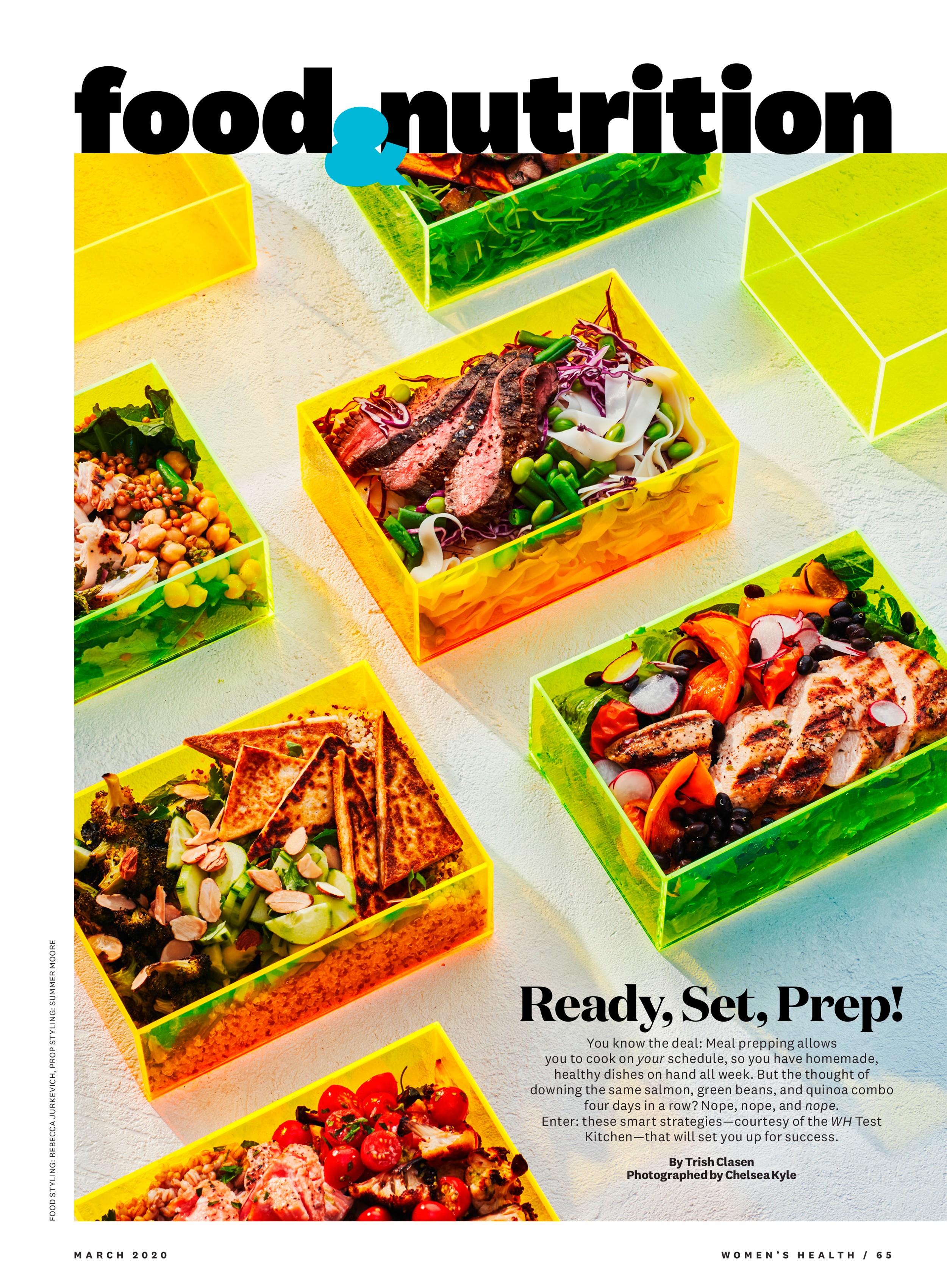 A layout with an image of neon colored lunchboxes with different types of prepped meals