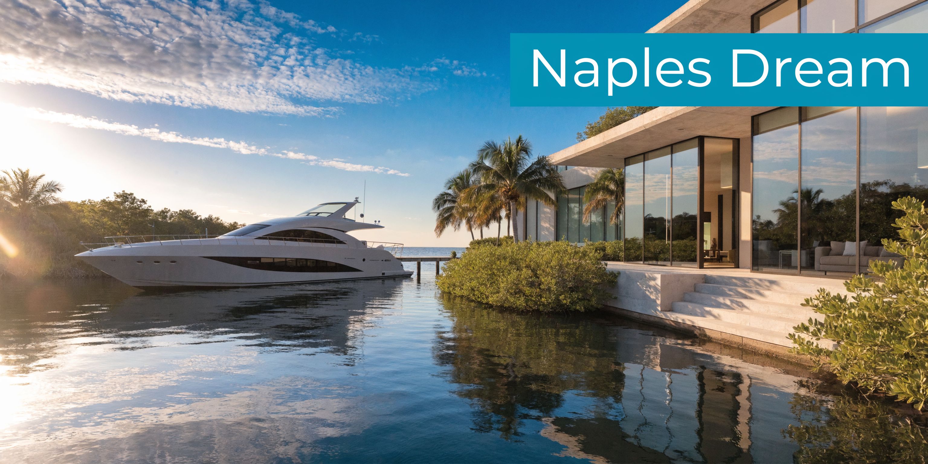 A luxurious modern waterfront house in Naples featuring a sleek white yacht docked in the calm canal.