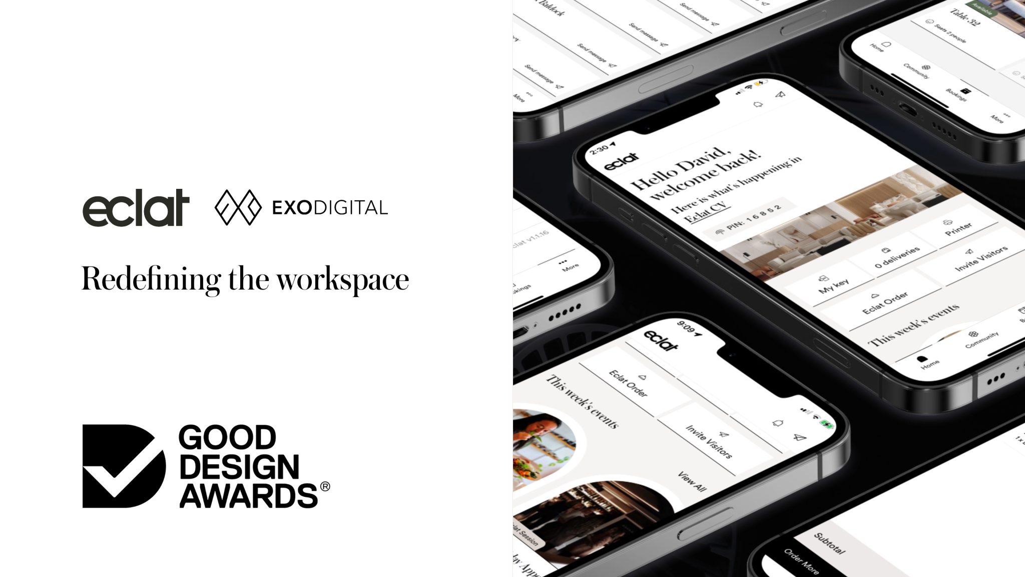 "eclat" and "EXODIGITAL" logos beside the text "Redefining the workspace" and a Good Design Awards logo, with phone screens showing the Eclat app