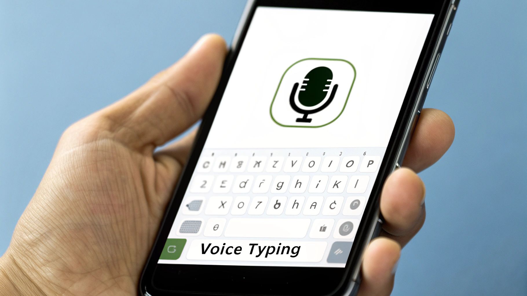 An image of a smartphone with a keyboard on screen, highlighting the microphone icon used for dictation.