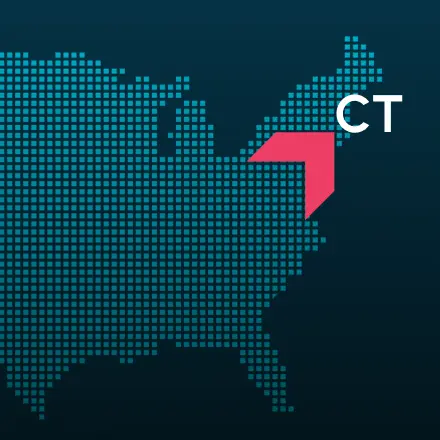 Map highlighting Connecticut with a red arrow, representing GIA Group, LLC truck insurance coverage area.