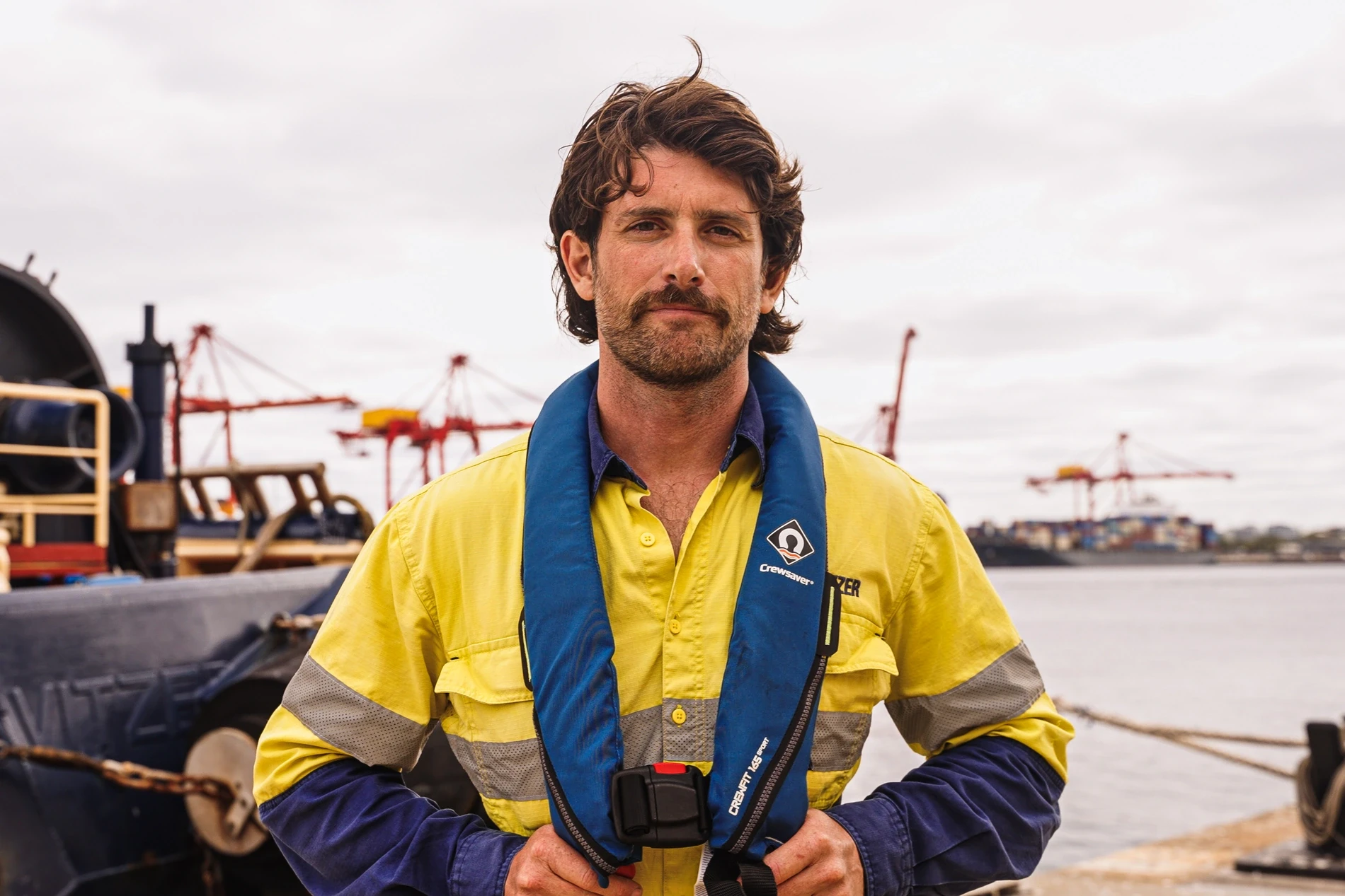 Man in high-visibility uniform and an inflatable lifejacket on a wharf, container cranes behind him