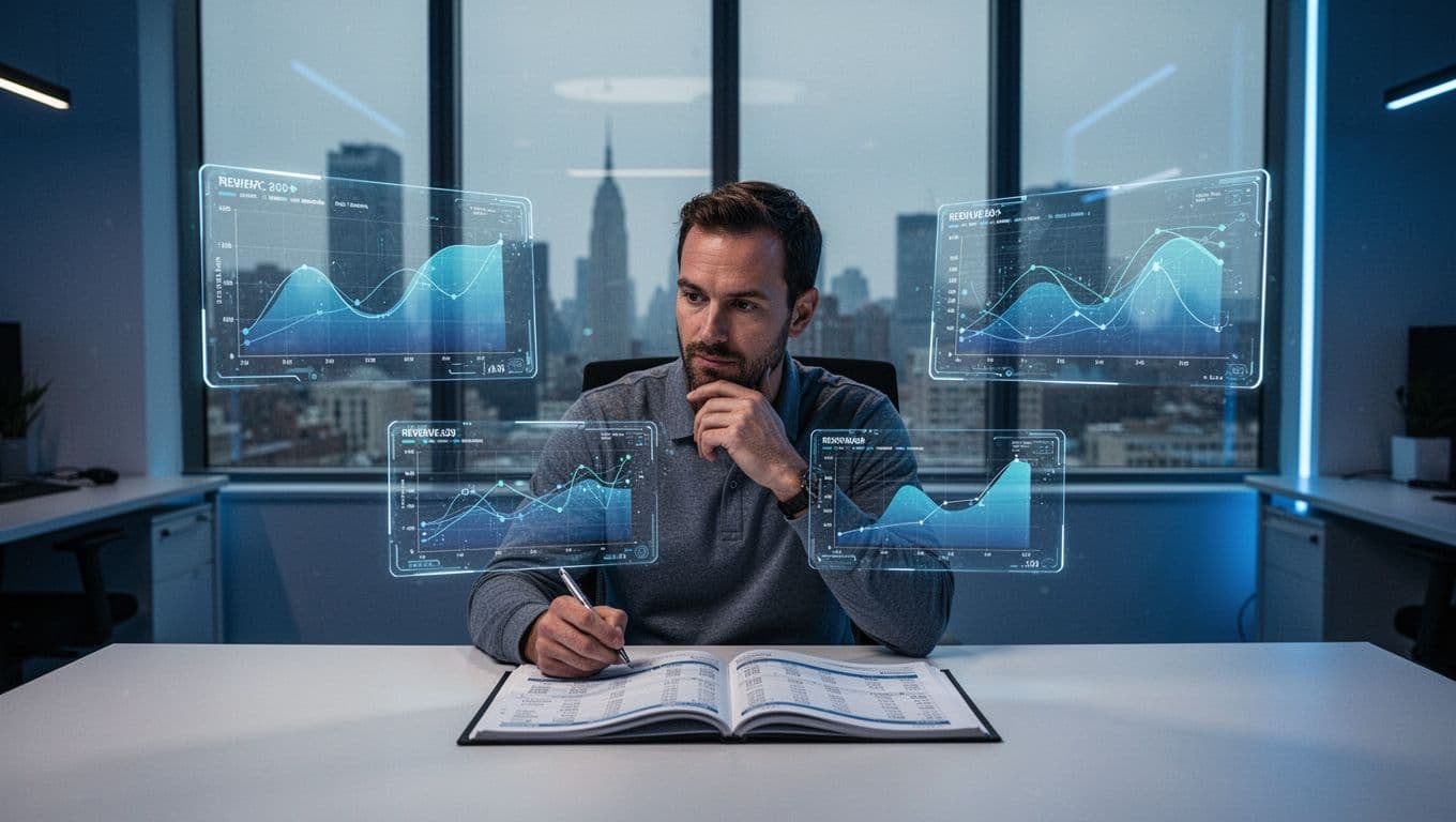 A business owner compares three screens beside a revenue ledger.