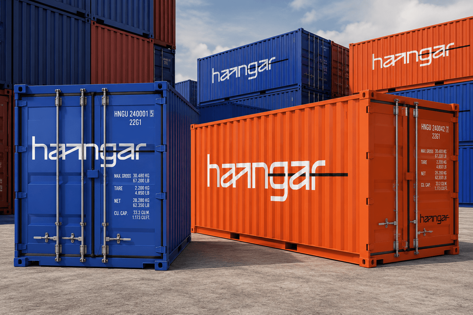 Haangar logistics brand identity across trucks, boxes and warehouse touchpoints