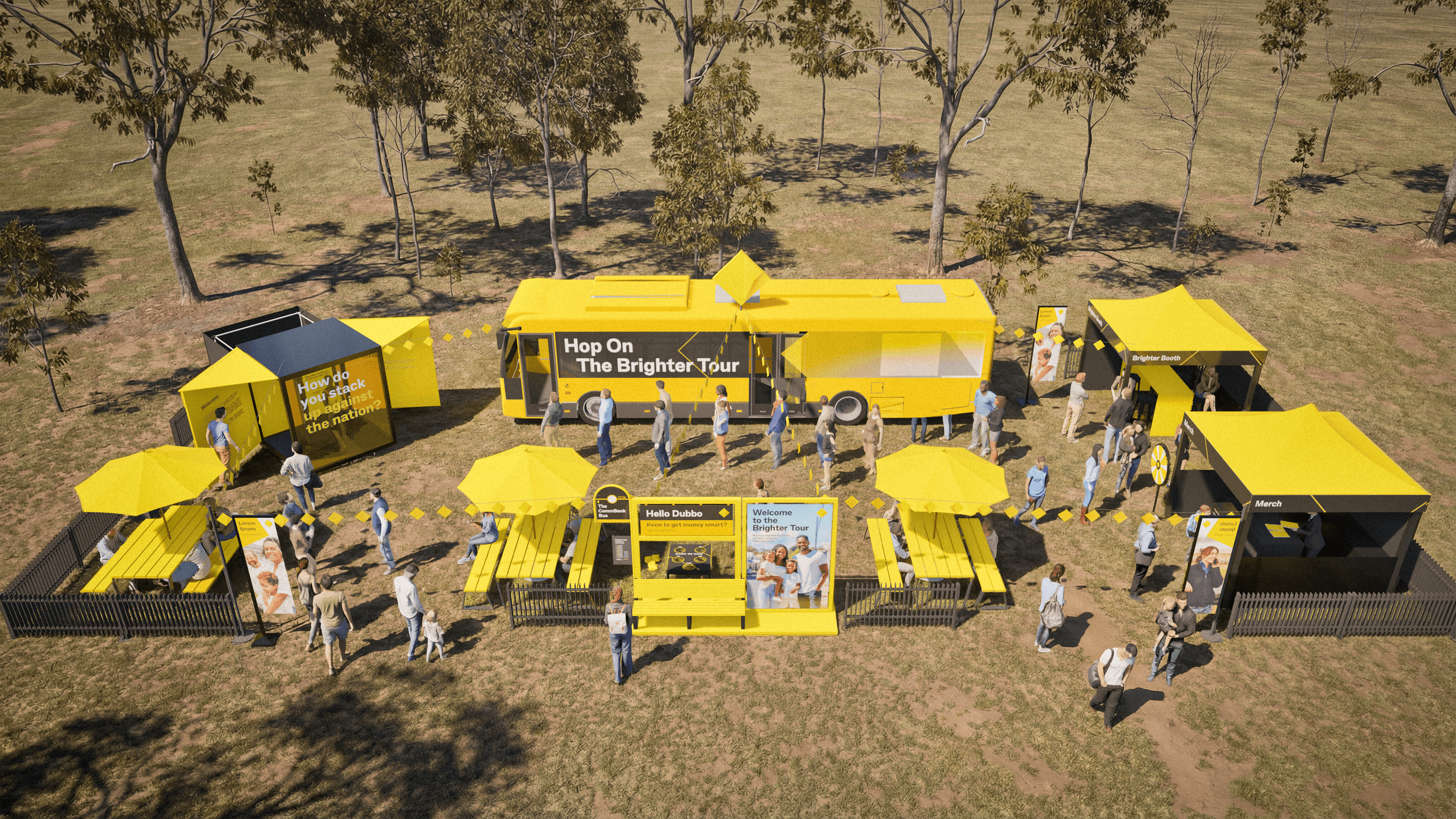 Wide aerial view of Commonwealth Bank roadshow activation with modular yellow installations and crowd interaction areas