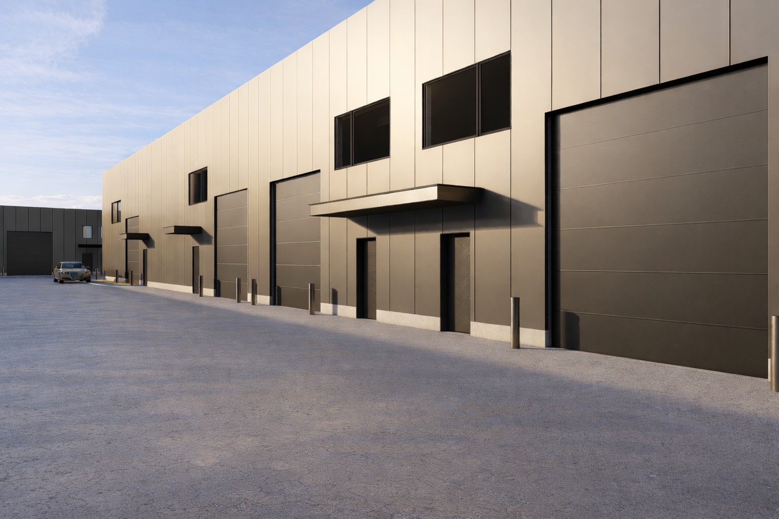 Renders of the private garage condo exterior details, garage doors, insulated metal panels, awnings over the doorways, apron and windows 