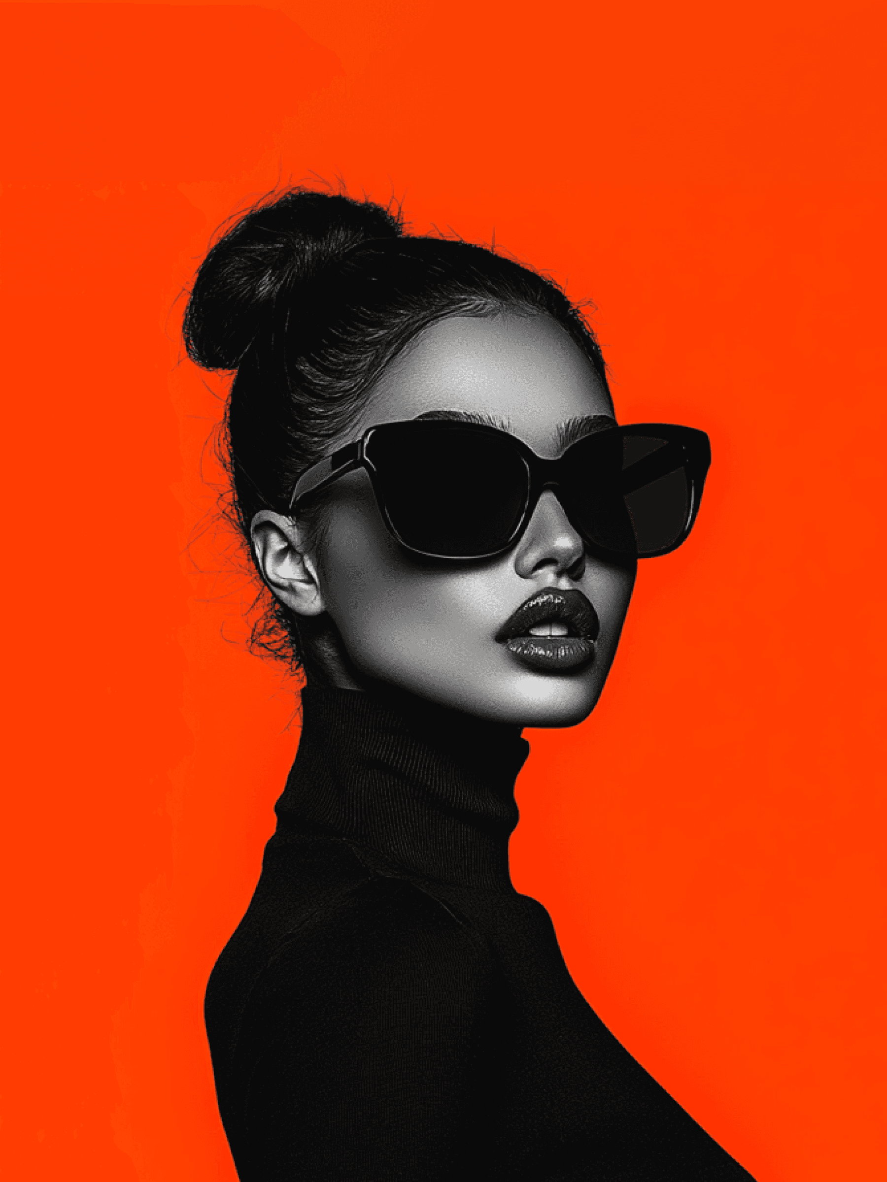 Side view, black and white portrait of a woman in sunglasses against orange.