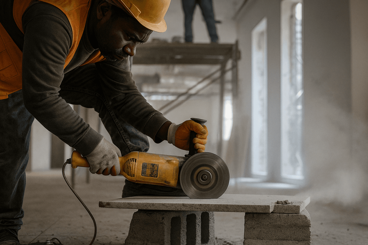 Un ouvrier de la construction bien concentré, vêtu d'un casque jaune et d'un gilet orange, coupe du béton à l'aide d'une scie mécanique ; la lumière filtre à travers de grandes fenêtres à l'arrière-plan.