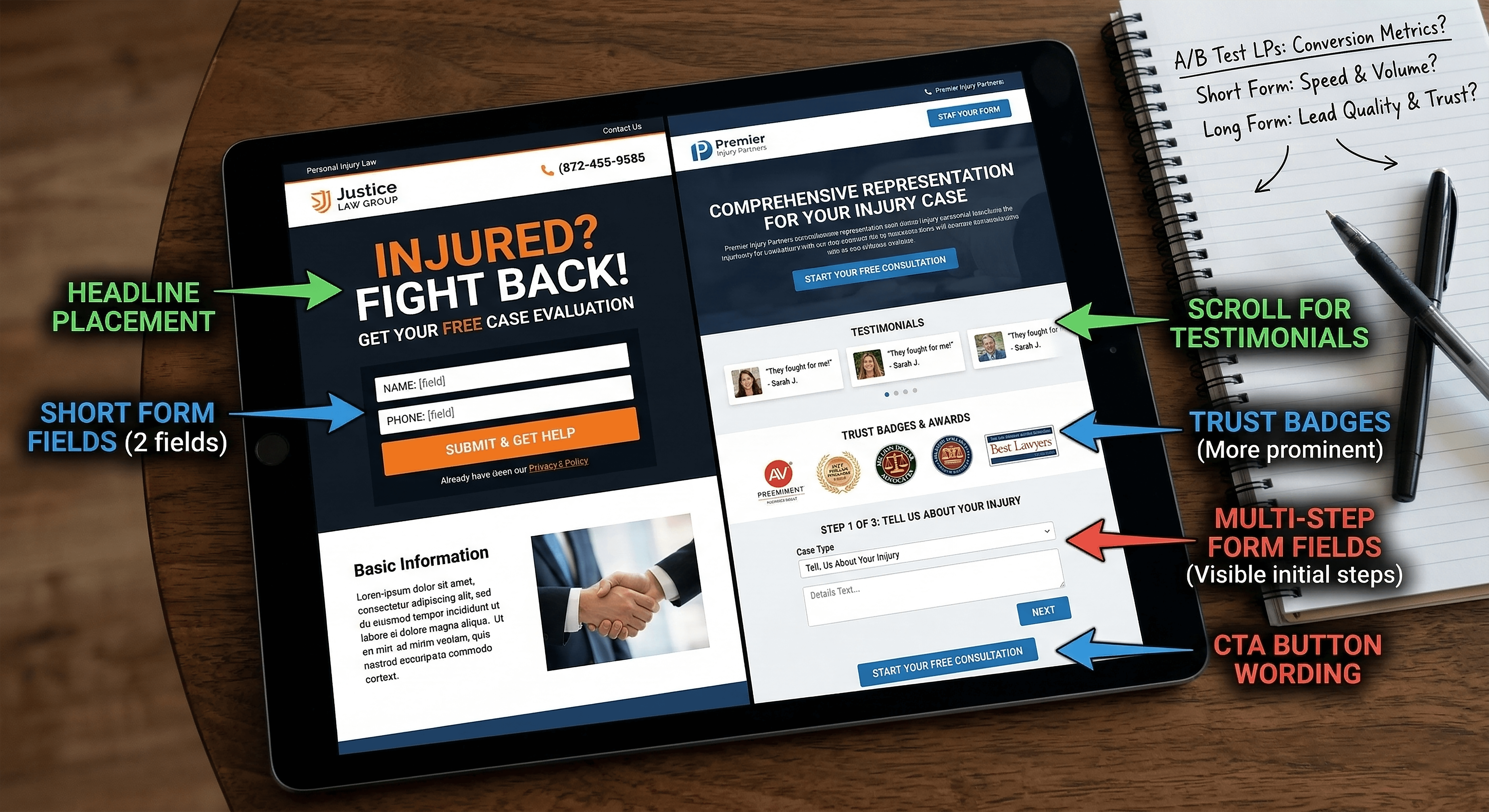 Tablet showing side-by-side comparison of competitor landing pages for personal injury lawyer ads.png