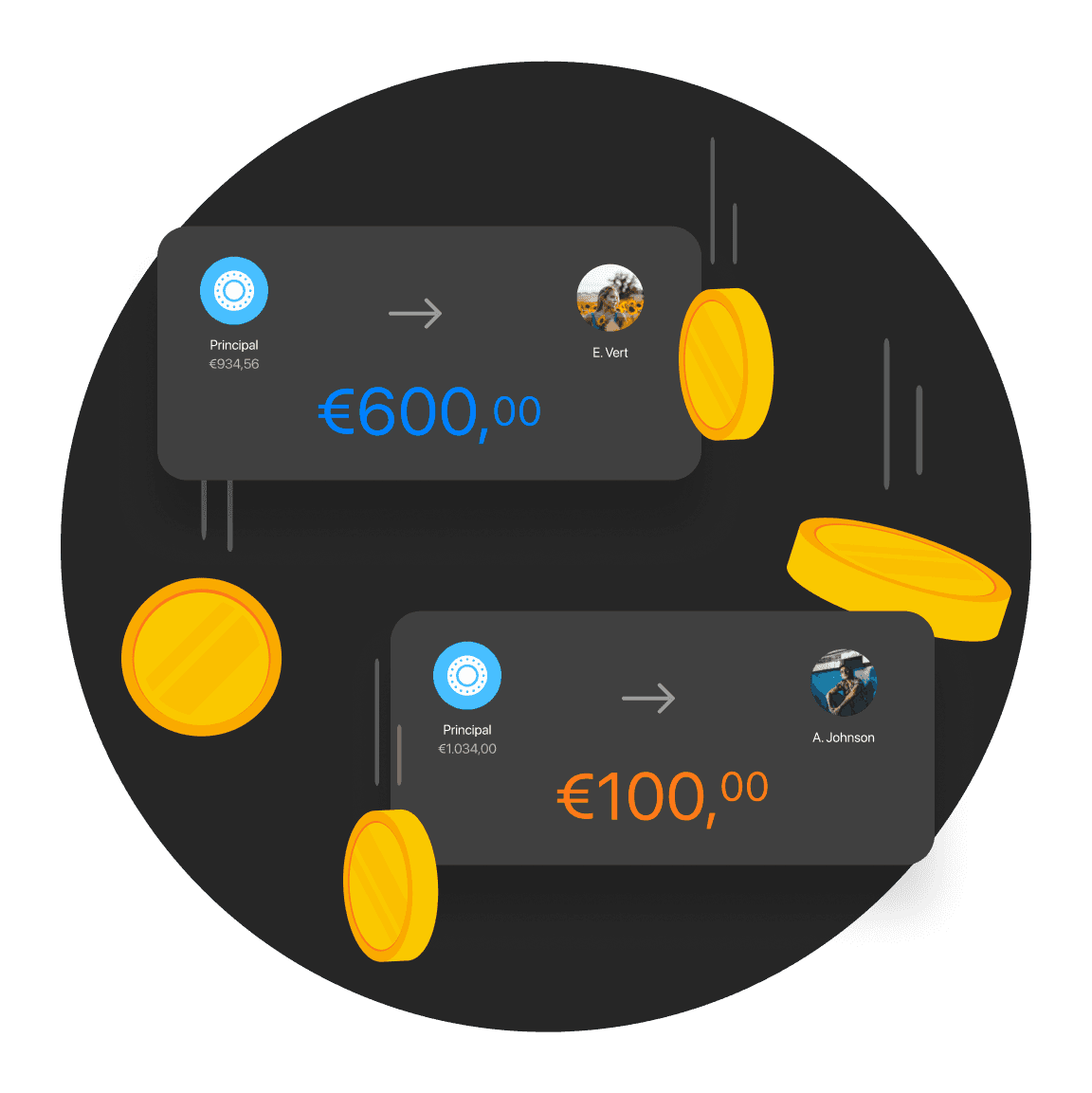 Deux manettes de jeu sont présentées sur un fond sombre, avec des boutons et des étiquettes en bleu et orange.