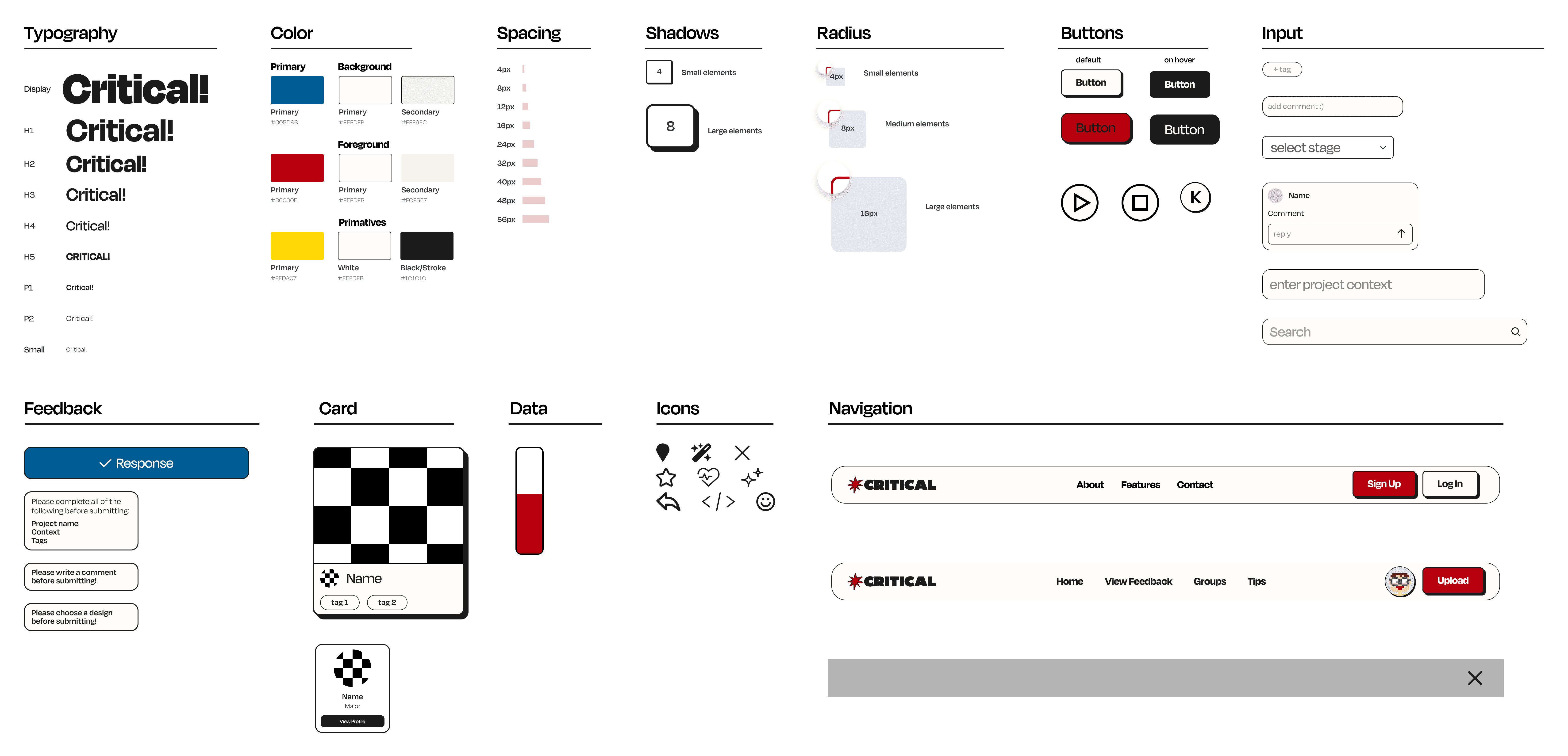 Design system for Critical, displaying all variables and components used
