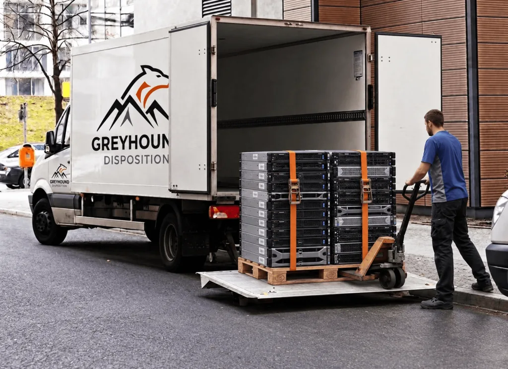 Illustration of enterprise servers being loaded into a Greyhound Disposition truck