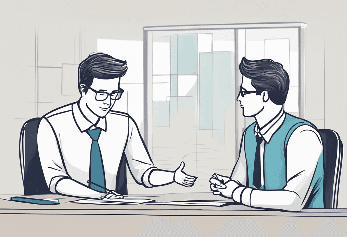 A hiring manager giving constructive feedback to a job candidate. The manager is providing specific examples and using positive language to encourage growth