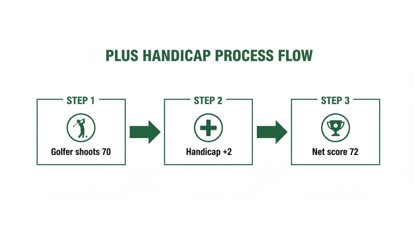 Visual guide to golf plus handicap calculation: a golfer's 70 raw score becomes 72 net.