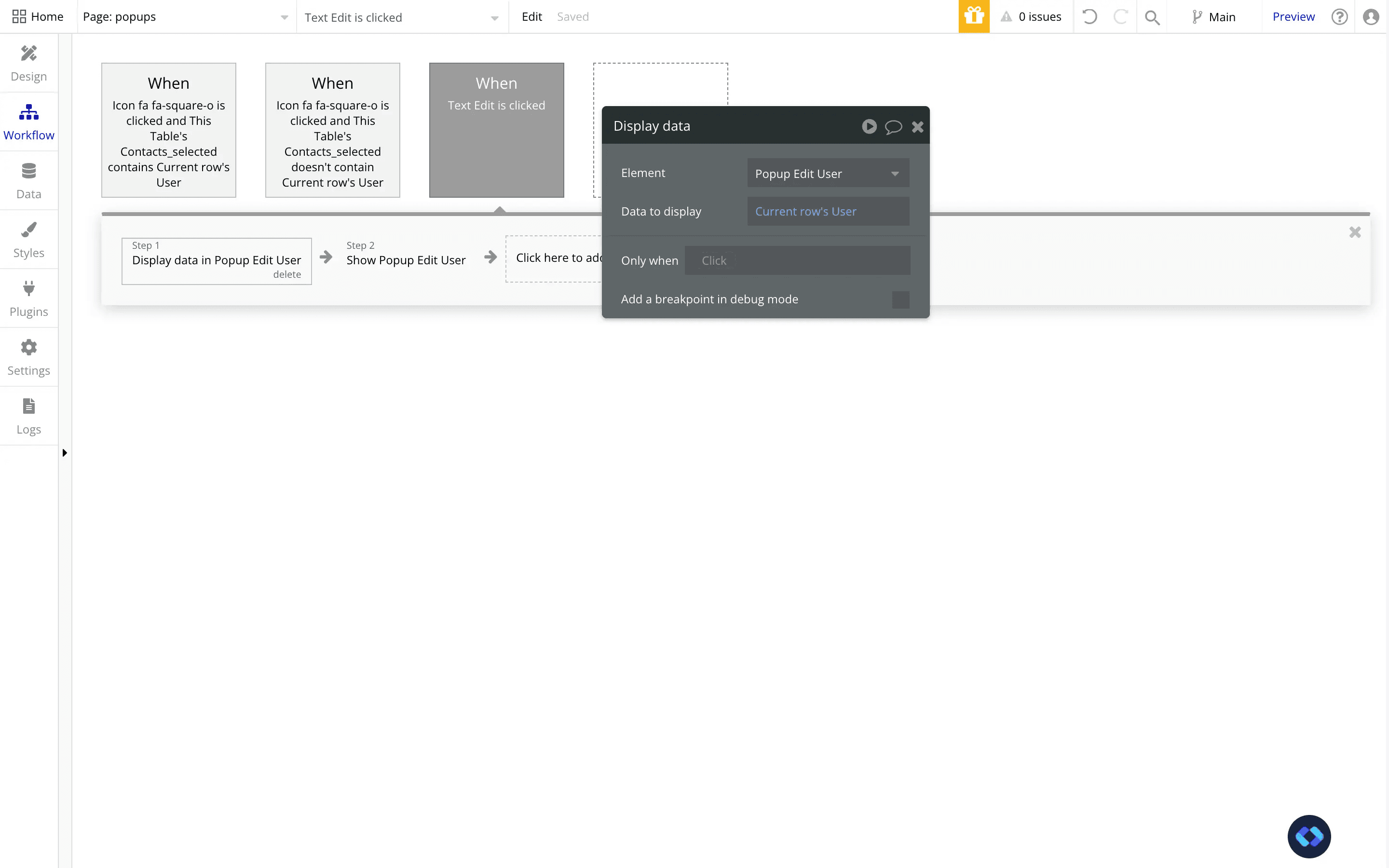 send data to a popup in bubble