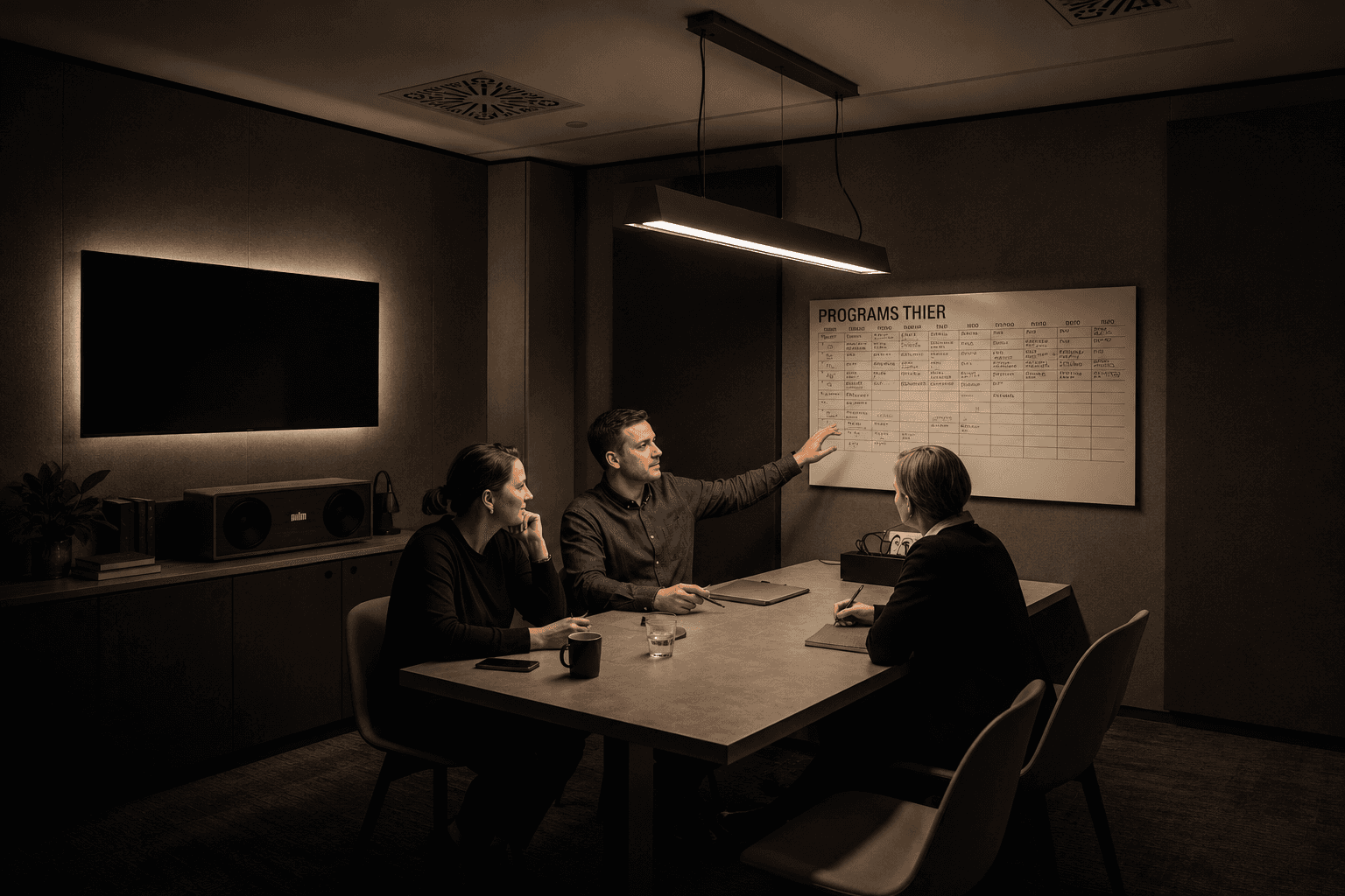 A man in a brown blazer and a woman in a light sweater sit at a desk with a laptop, discussing something. The room is dimly lit, creating a focused atmosphere.