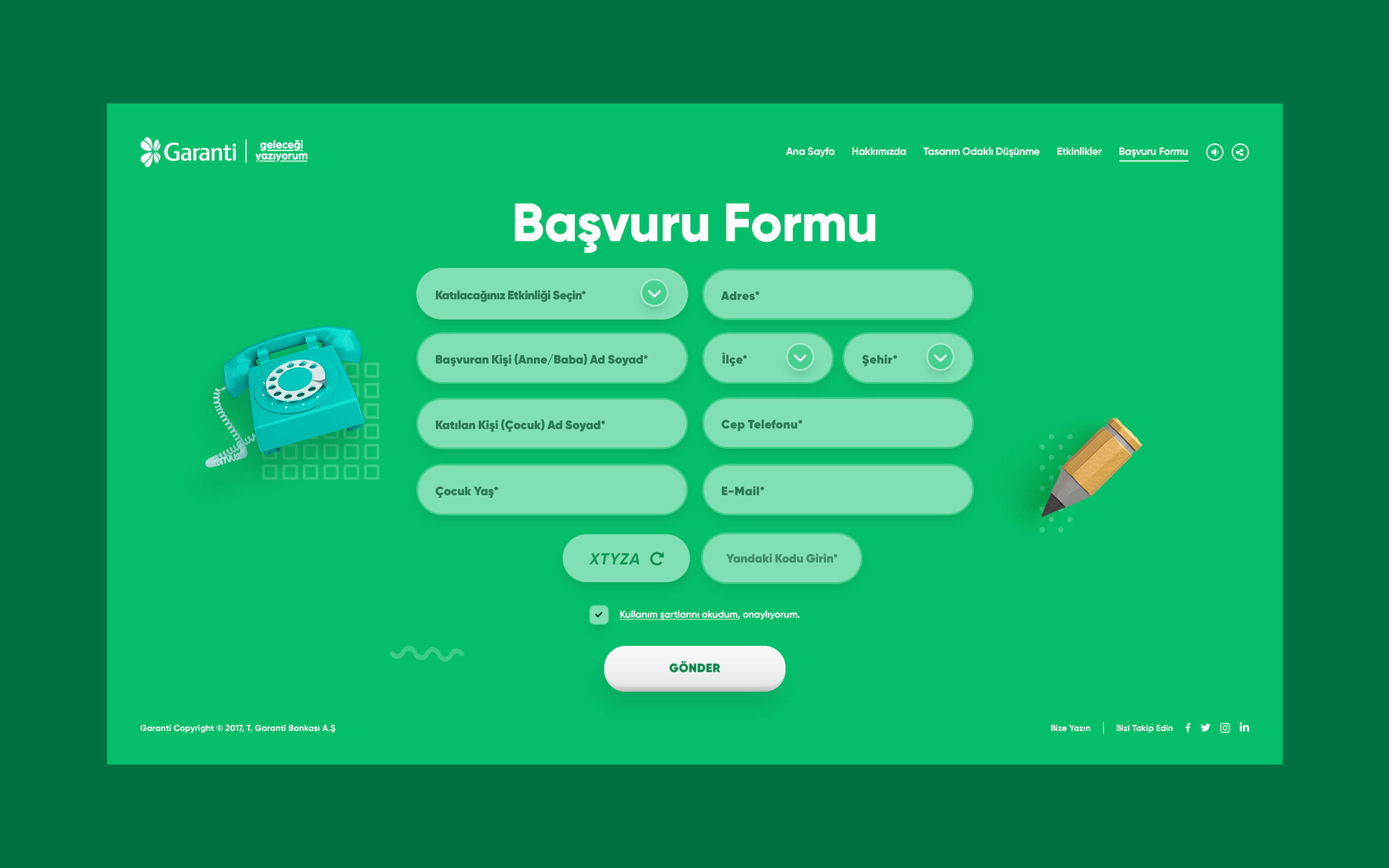 Garanti BBVA ‘Future Here’ application form with parent and child info fields, event selection, and retro phone and pencil illustrations.