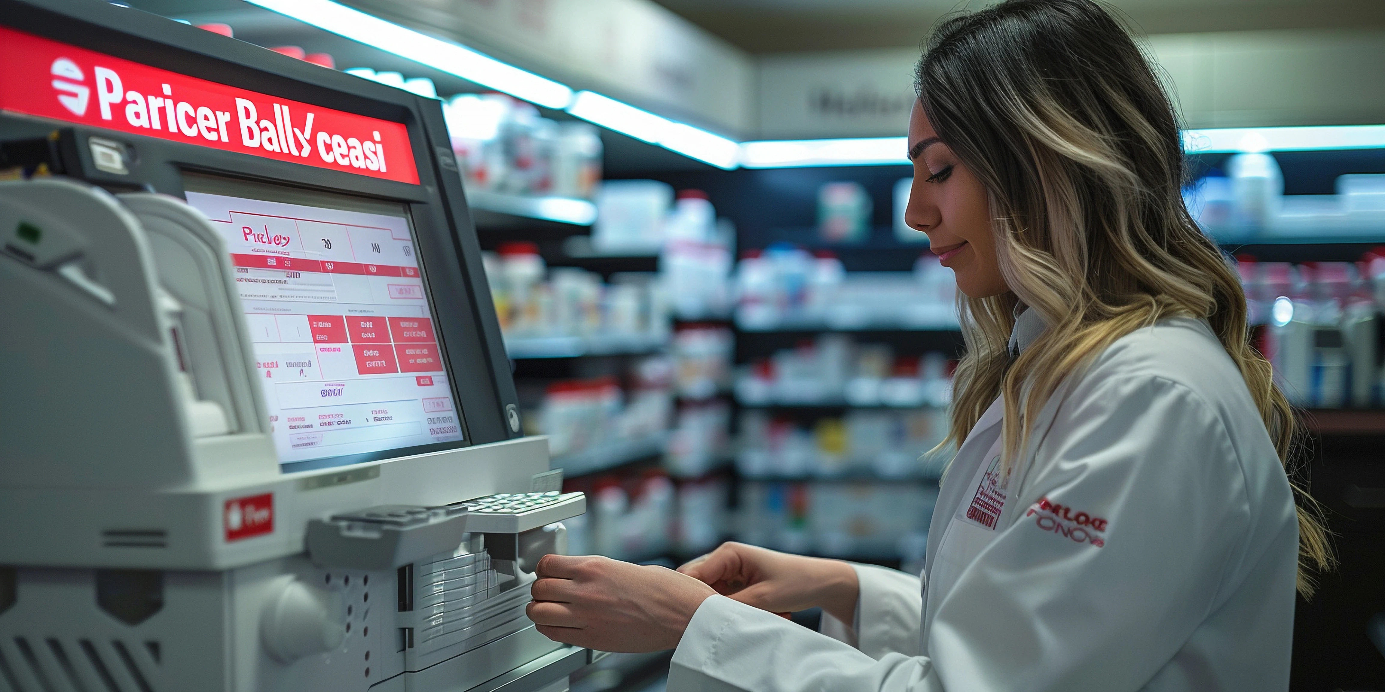 A female pharmacy manager in a white coat is giving an medicines to a customer at the counter.