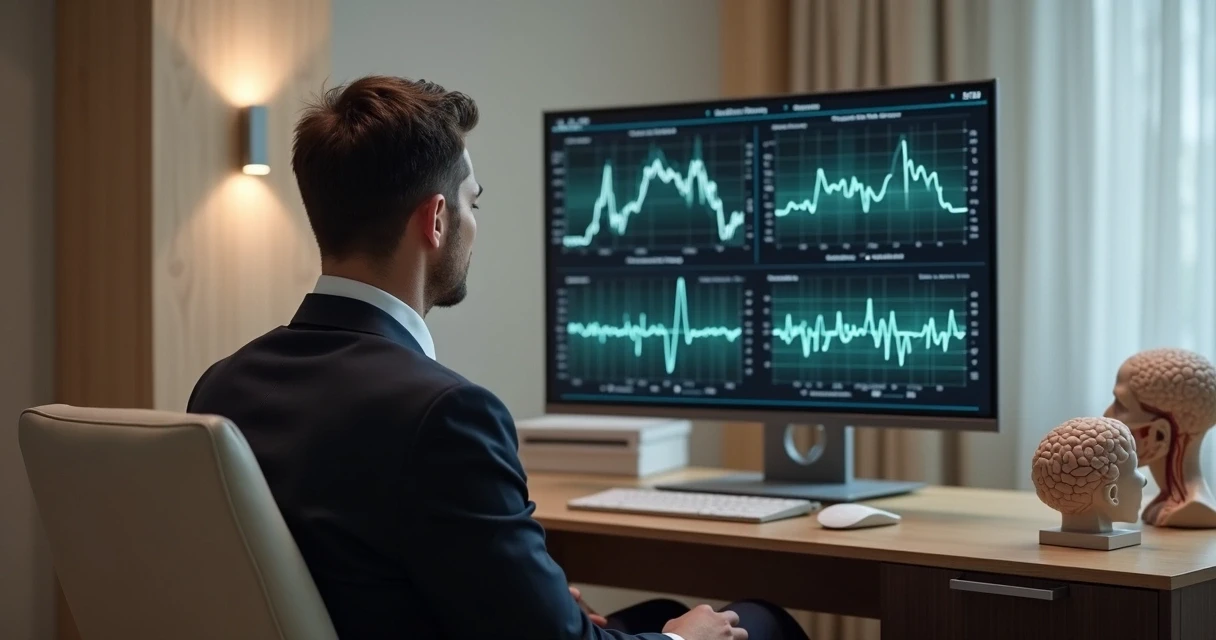 Homem sentado em consultório observando gráficos de biofeedback em um monitor 