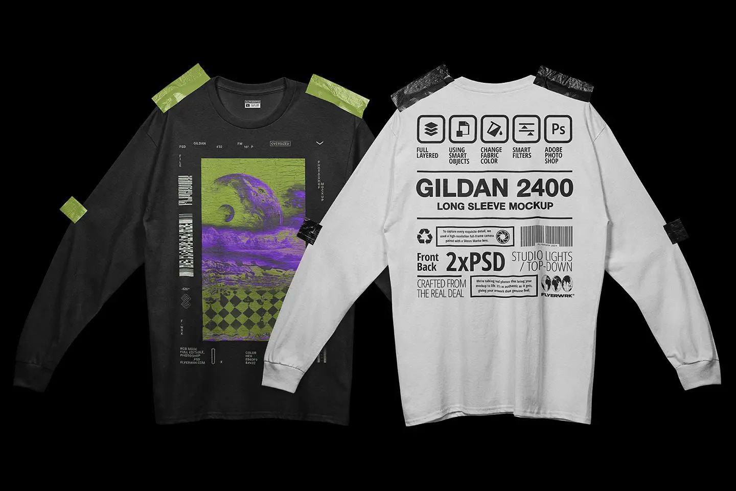 Gildan 2400 long sleeve taped mockup showing front and back design preview