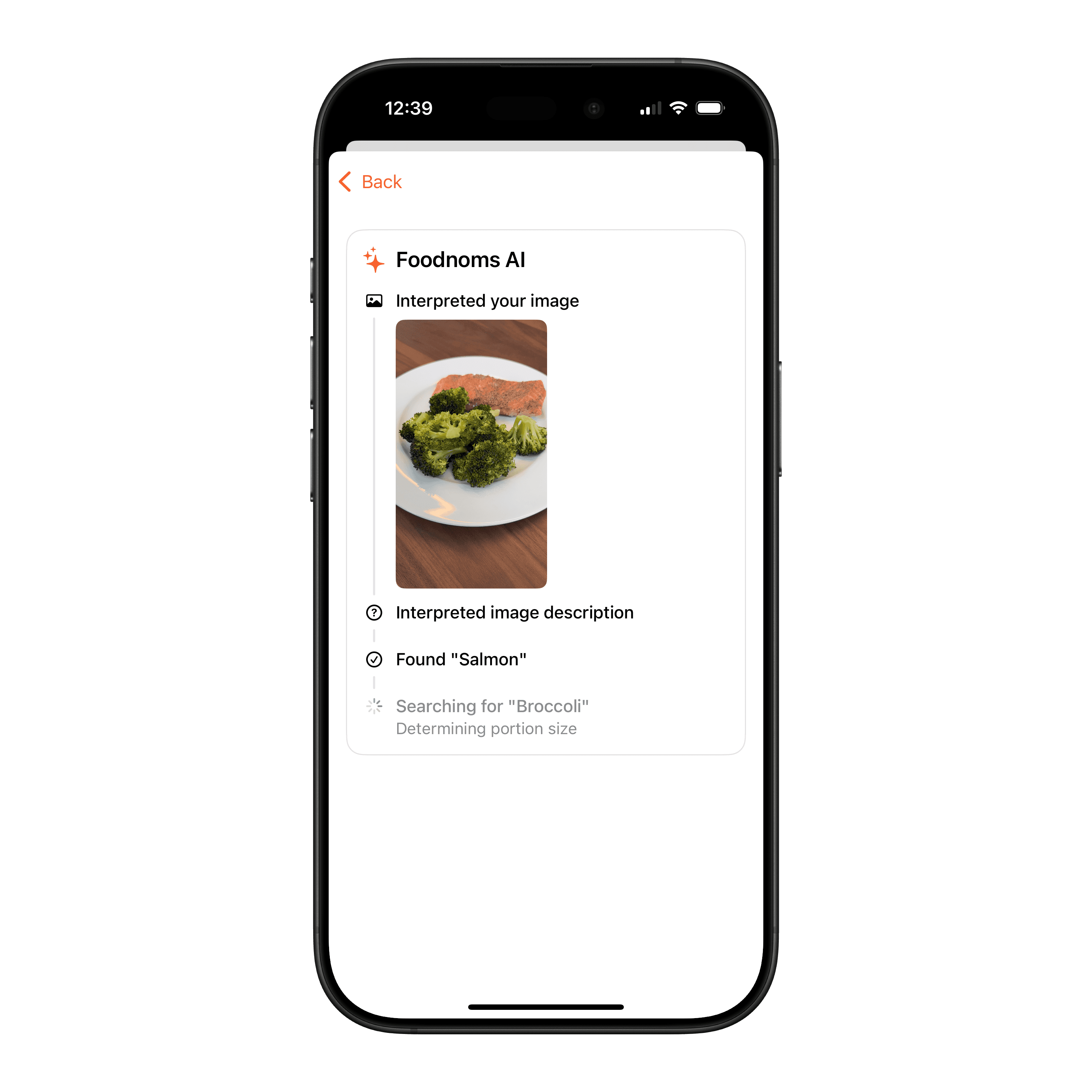 Loading state for AI image analysis of salmon and broccoli