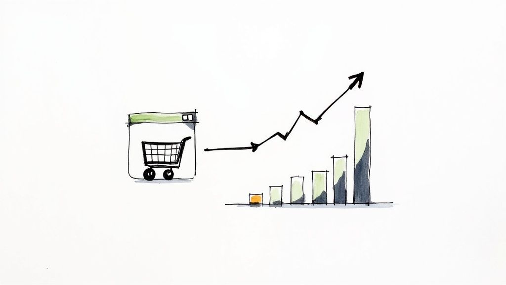 A woman smiles while using a laptop for online shopping, with a shopping cart icon overlay.