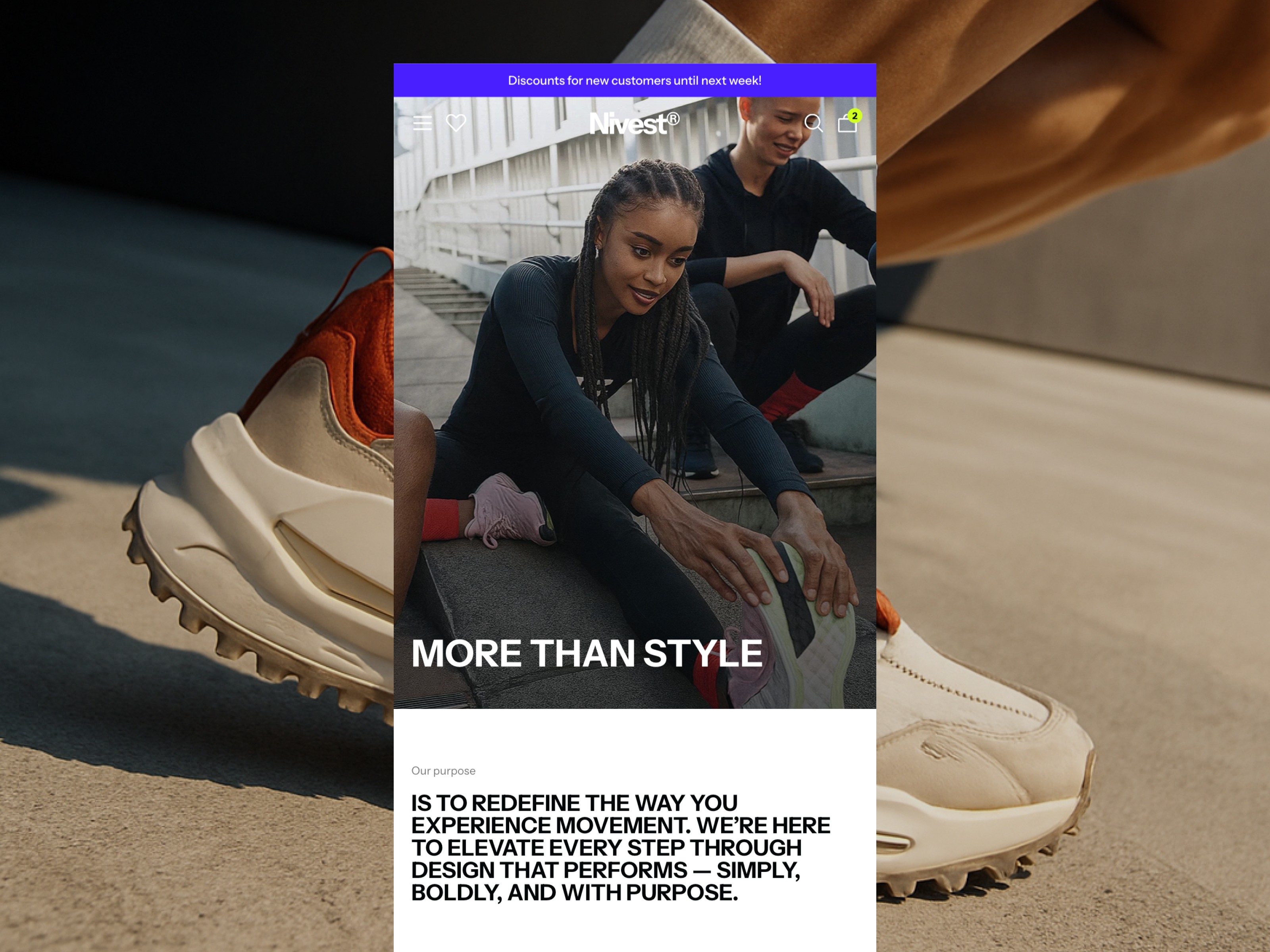 Nivest website template about page showing a woman seated outdoors with sneakers and the headline "More Than Style" alongside the brand purpose statement about redefining movement through bold, purposeful design