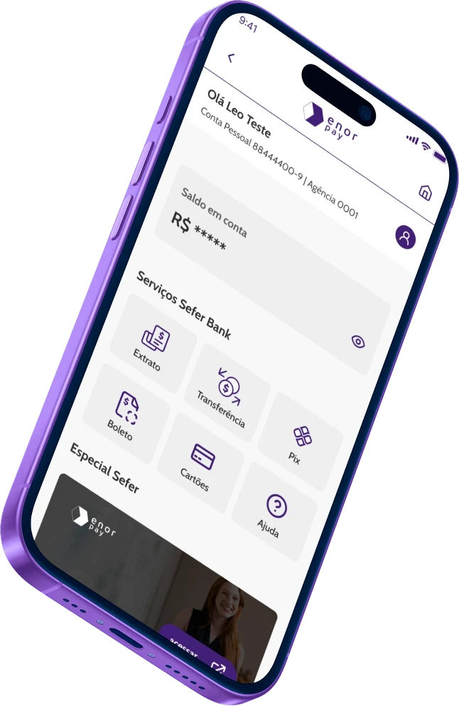 Mockup do app exibindo dashboard com atalhos para pagar, receber e integrar serviços