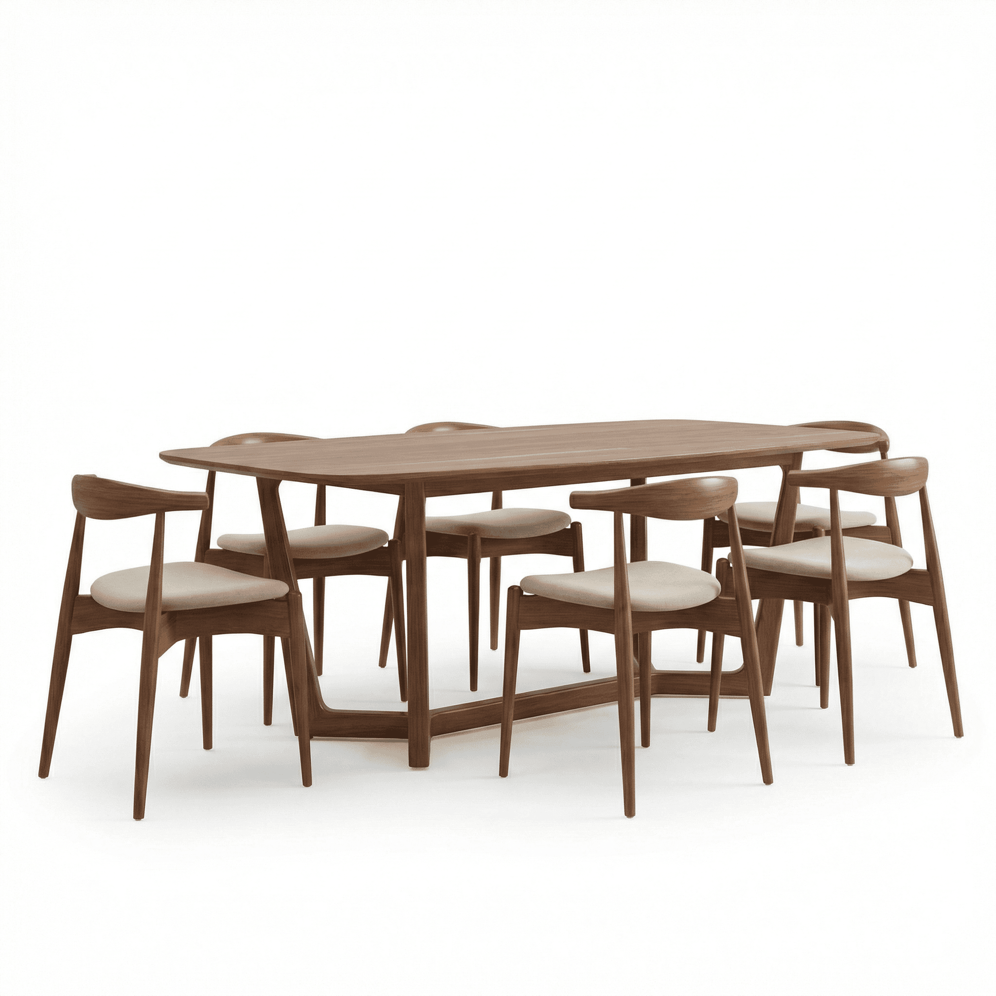 Straight‑edged dining table with slender legs, set up for larger family meals