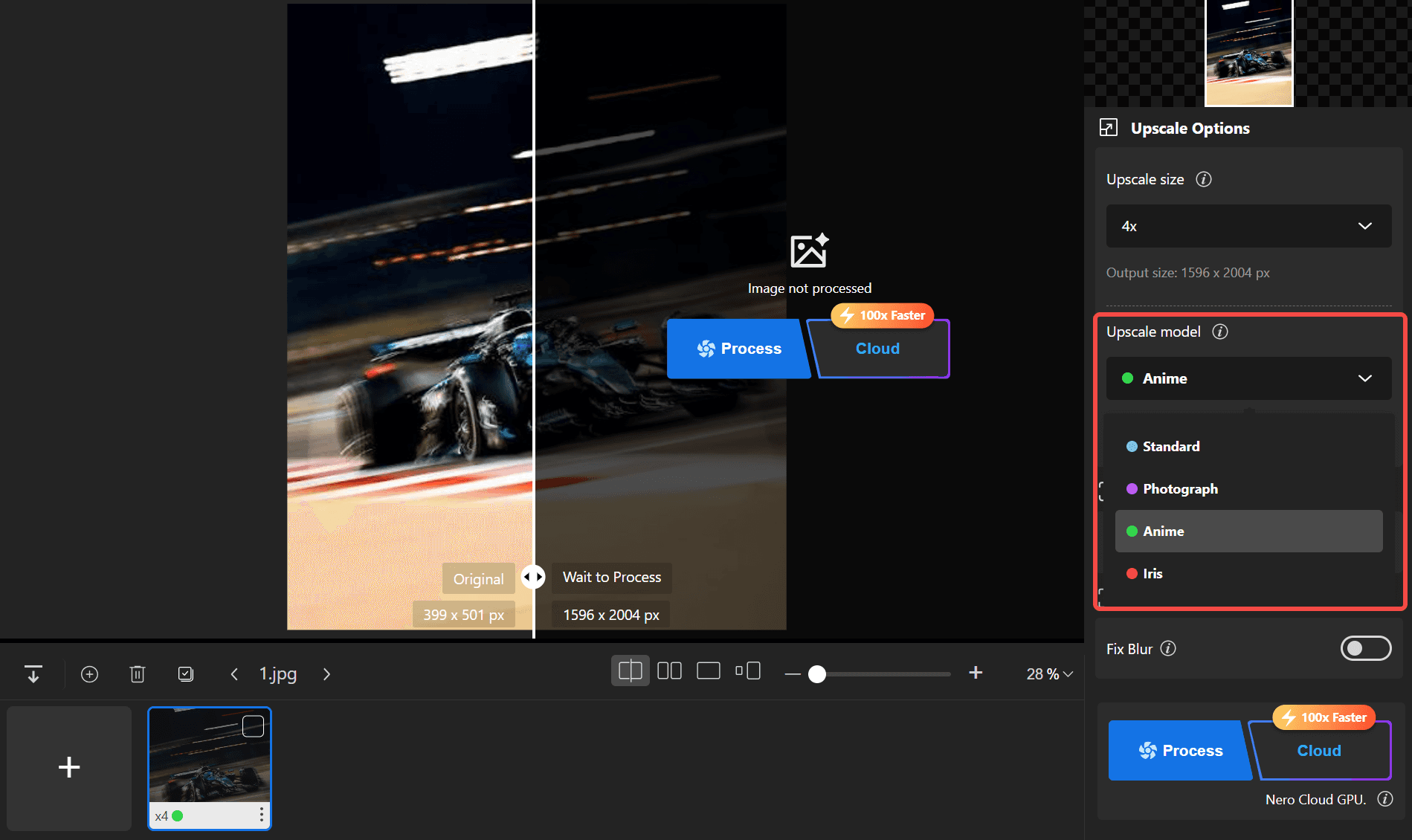 Choosing an AI upscale model for a blurry racing photo