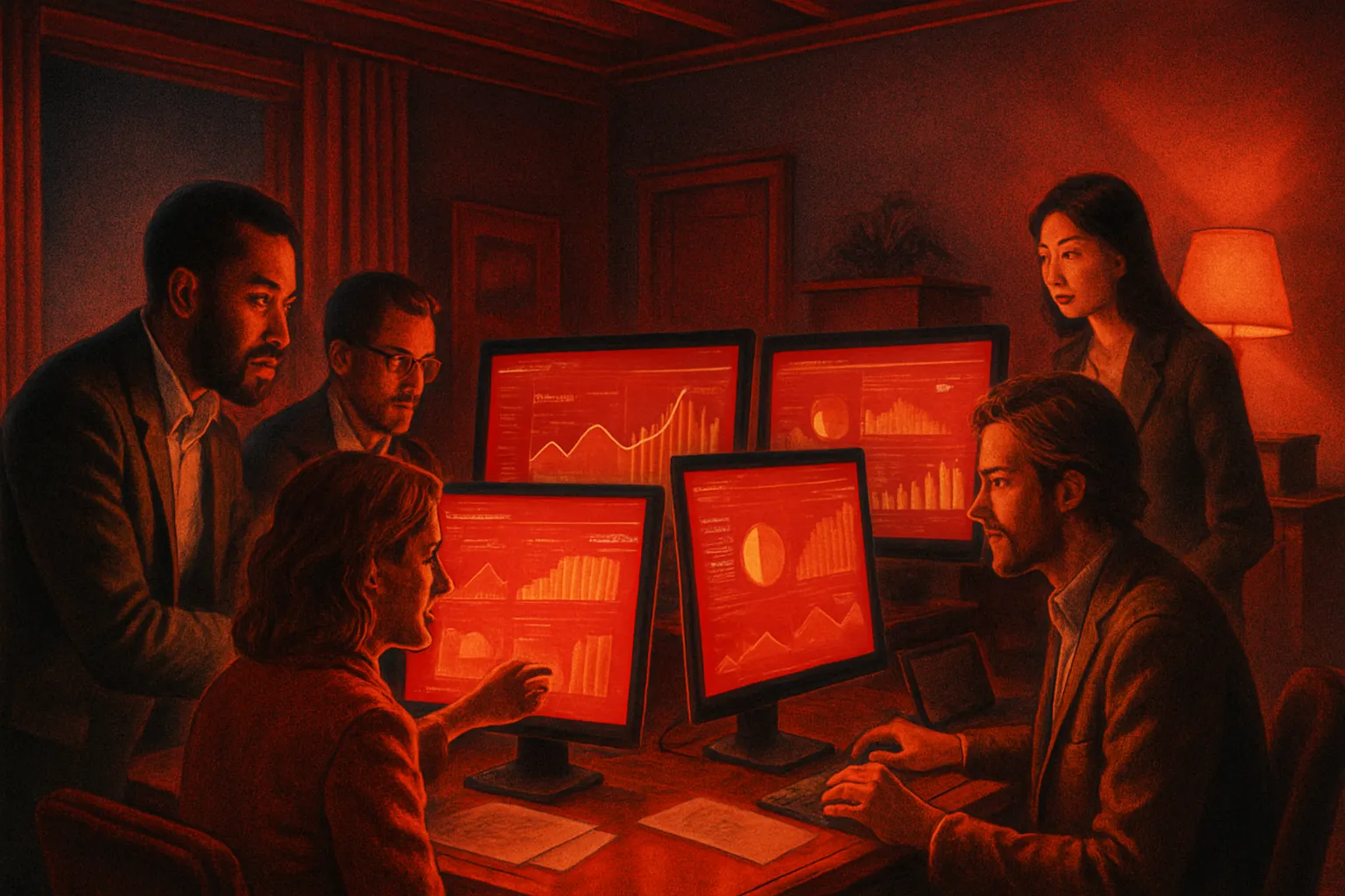 Digital Marketing team at RockN' Socials analyzing data on multiple screens.