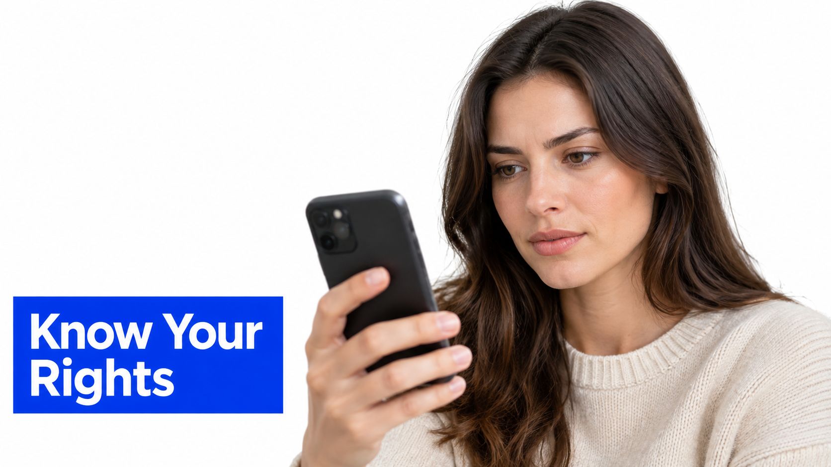 A young woman looking at her mobile phone with a blue Know Your Rights graphic next to her.
