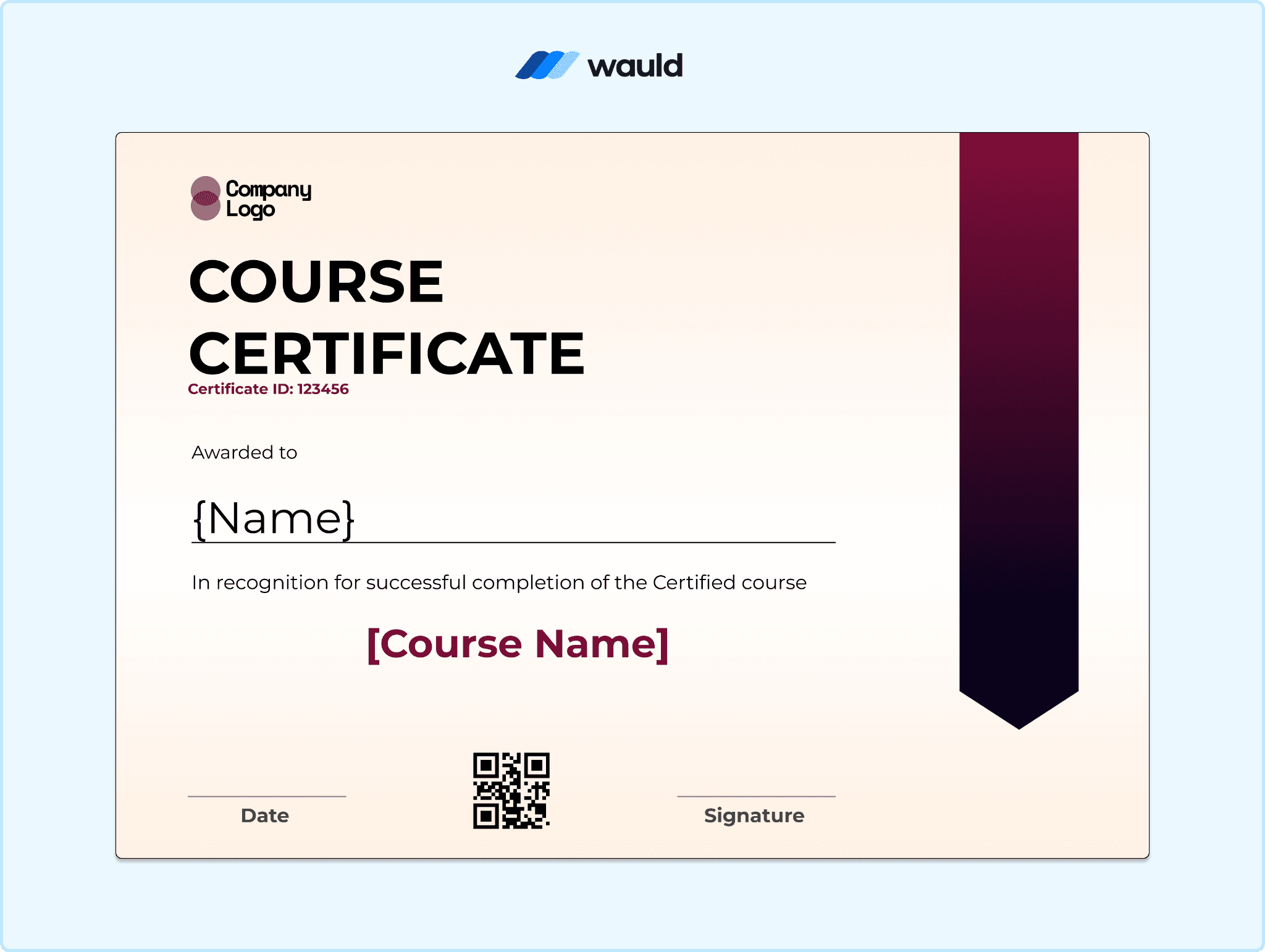 Cream course certificate template with dark ribbon graphic accent