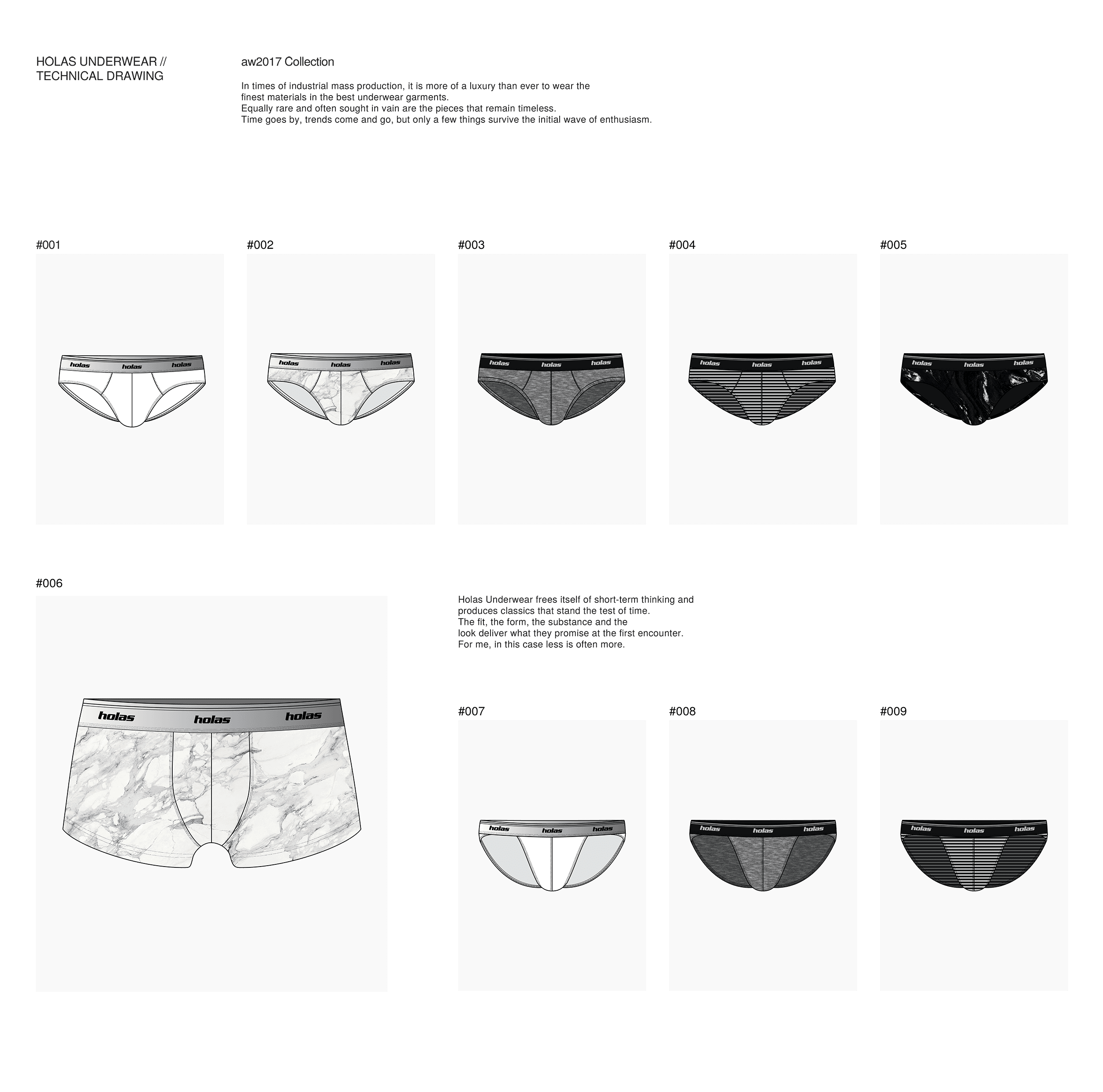 Holas Underwear AW2017 tech pack, 9 styles including briefs and trunks in white, grey marl, stripe, black patent, marble print