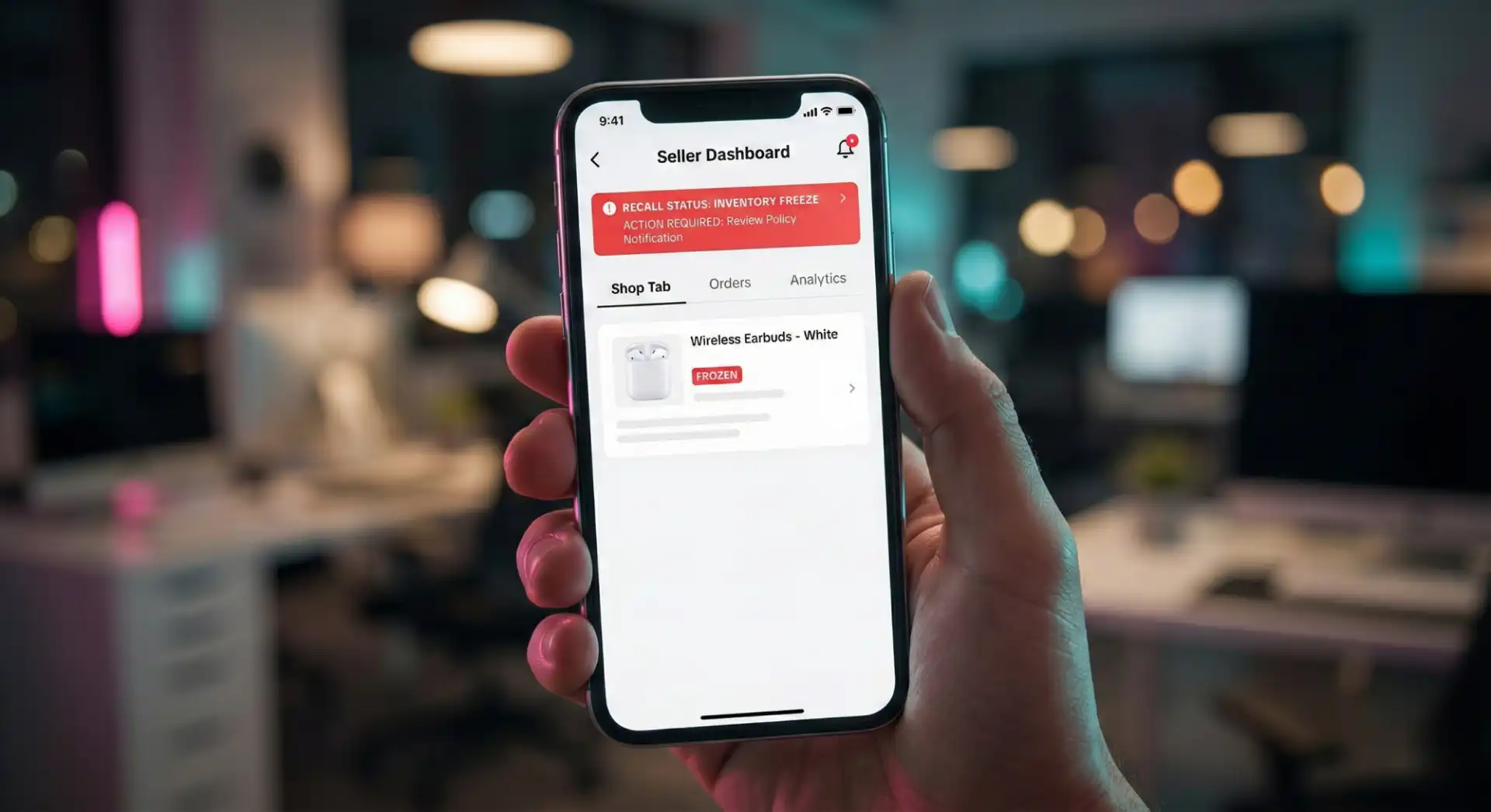 Mobile screen displaying a TikTok Seller Dashboard with a critical inventory freeze and recall status alert.