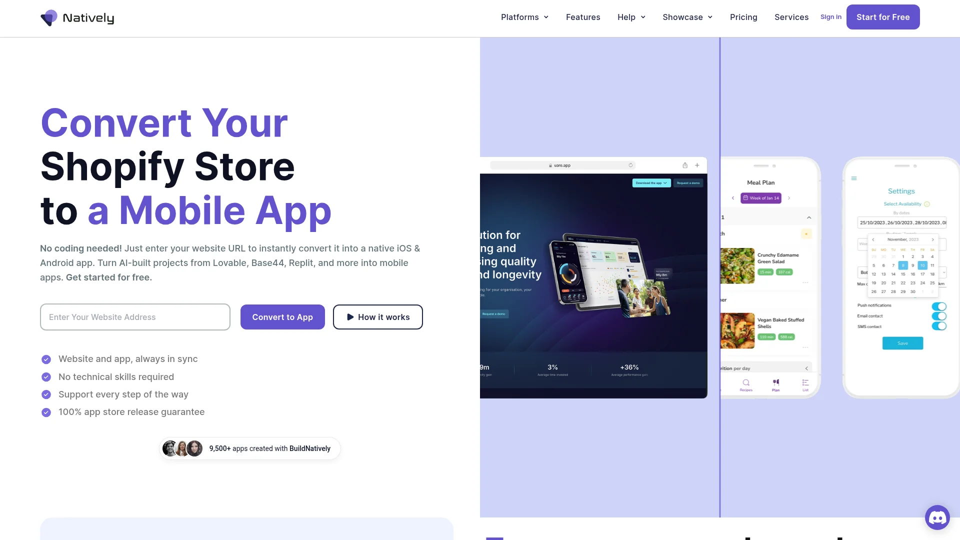Natively website to app converter homepage
