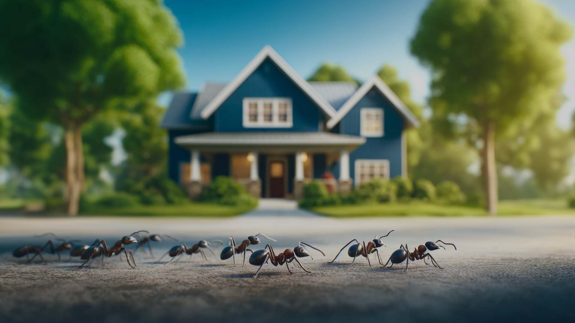 An image of ants marching towards a suburban St. Louis house