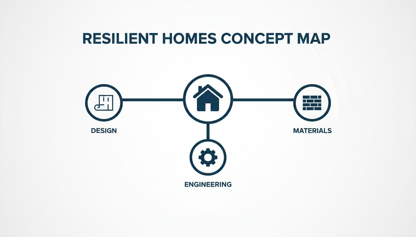 A concept map illustrating resilient homes built through effective design, engineering, and robust materials.