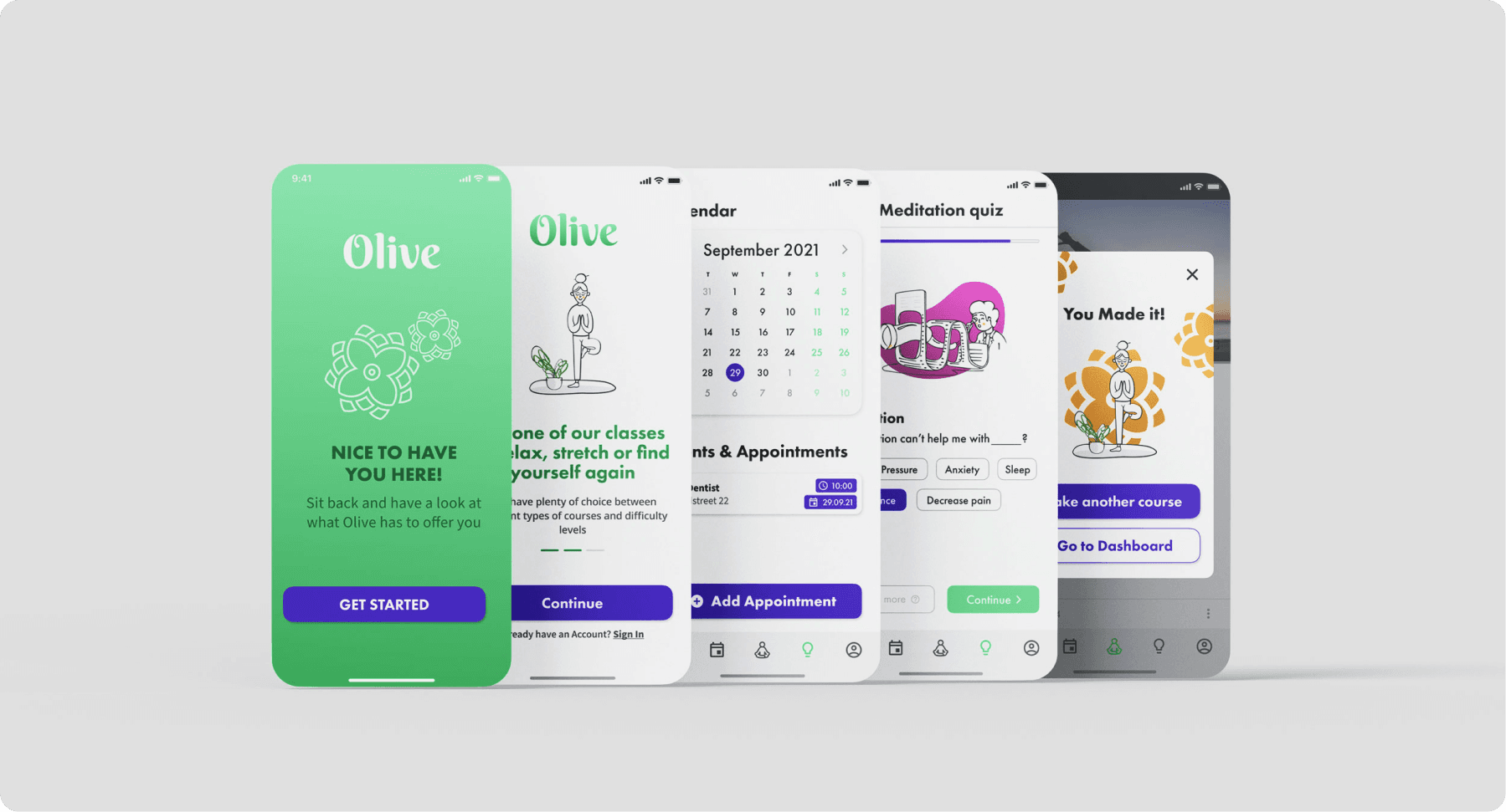 Fünf Darstellunge nder Applikation Olive mit  Auschnitten des Onboardings, Kalendereinträgen und Quizfunktion