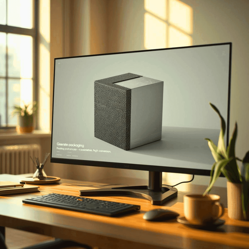 Pantalla de escritorio mostrando el uso de herramientas de inteligencia artificial para el diseño generativo de packaging en 3D y la creación rápida de prototipos de productos.