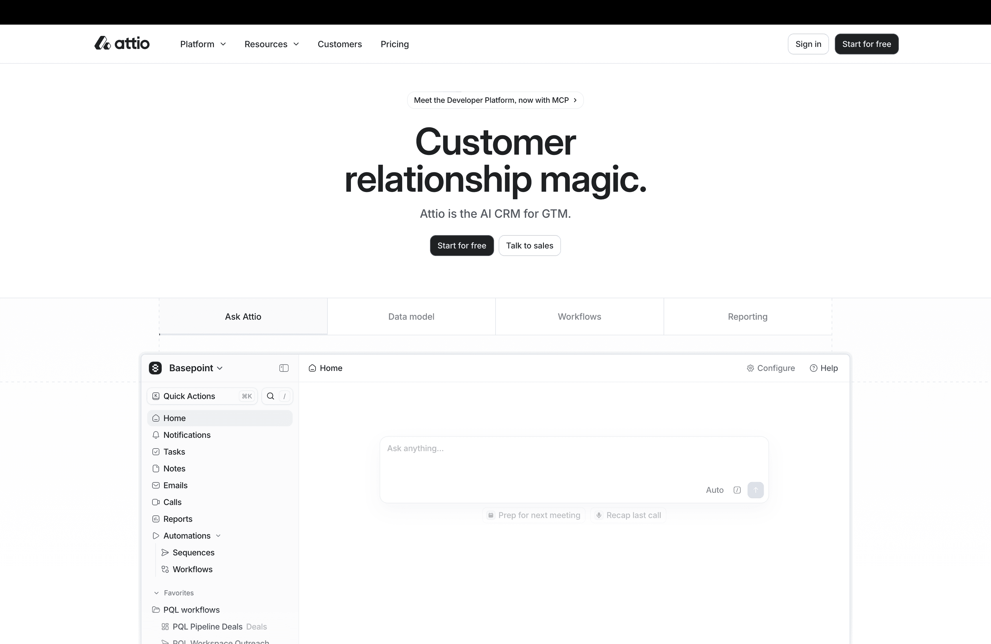 Attio homepage AI CRM and customer management platform