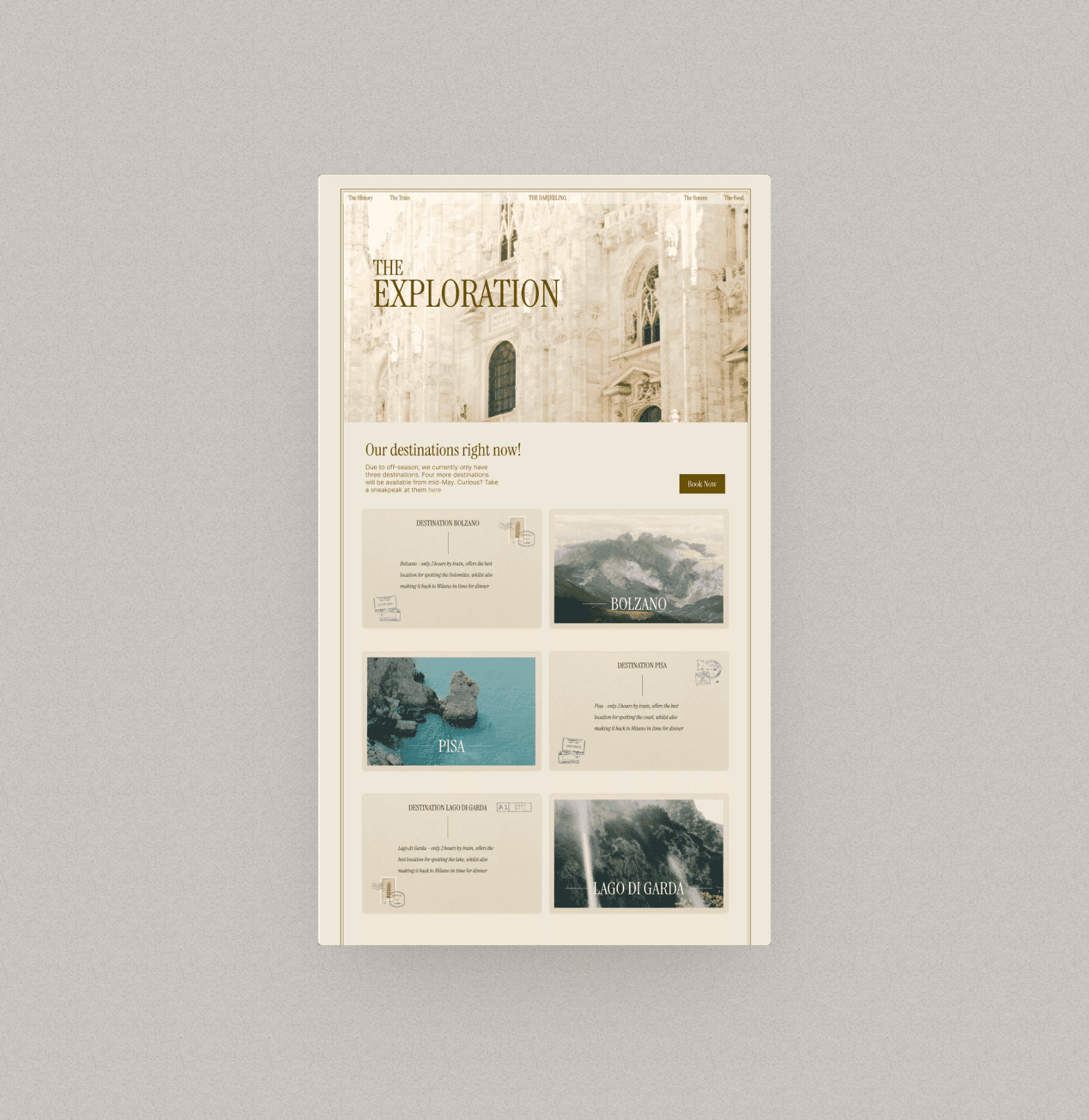 An exploration page for a hotel website showcasing three top destinations, in the design of post cards