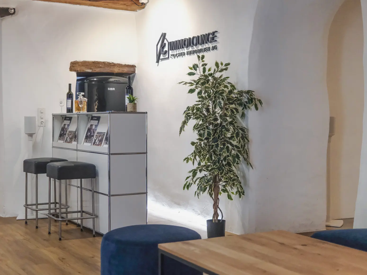 Detailfoto ImmoLounge in Solothurn von Kocher Immobilien mit grünem Baum und Logo an der Wand