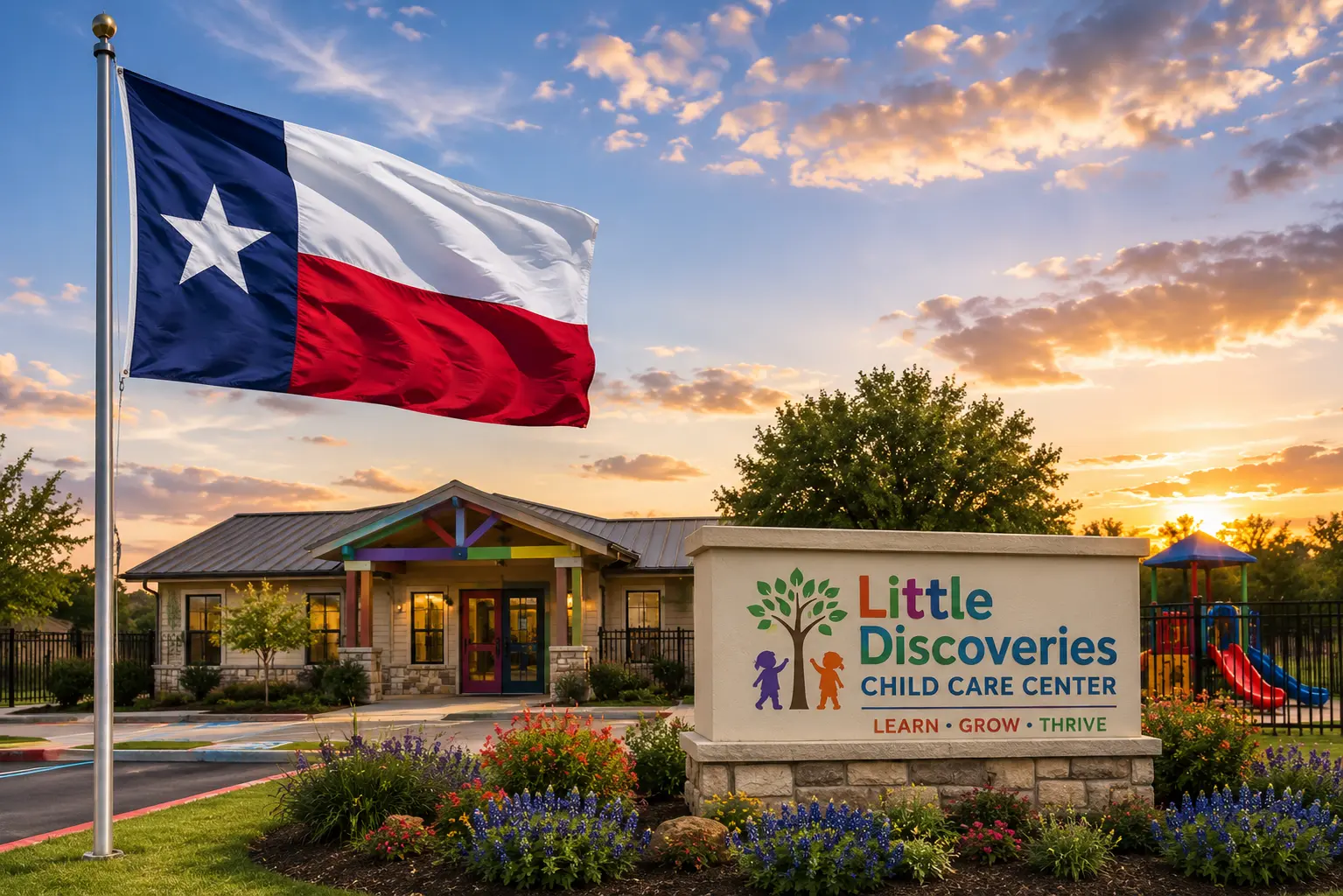 an image of a texas flag flying outside of a child care center at sunset