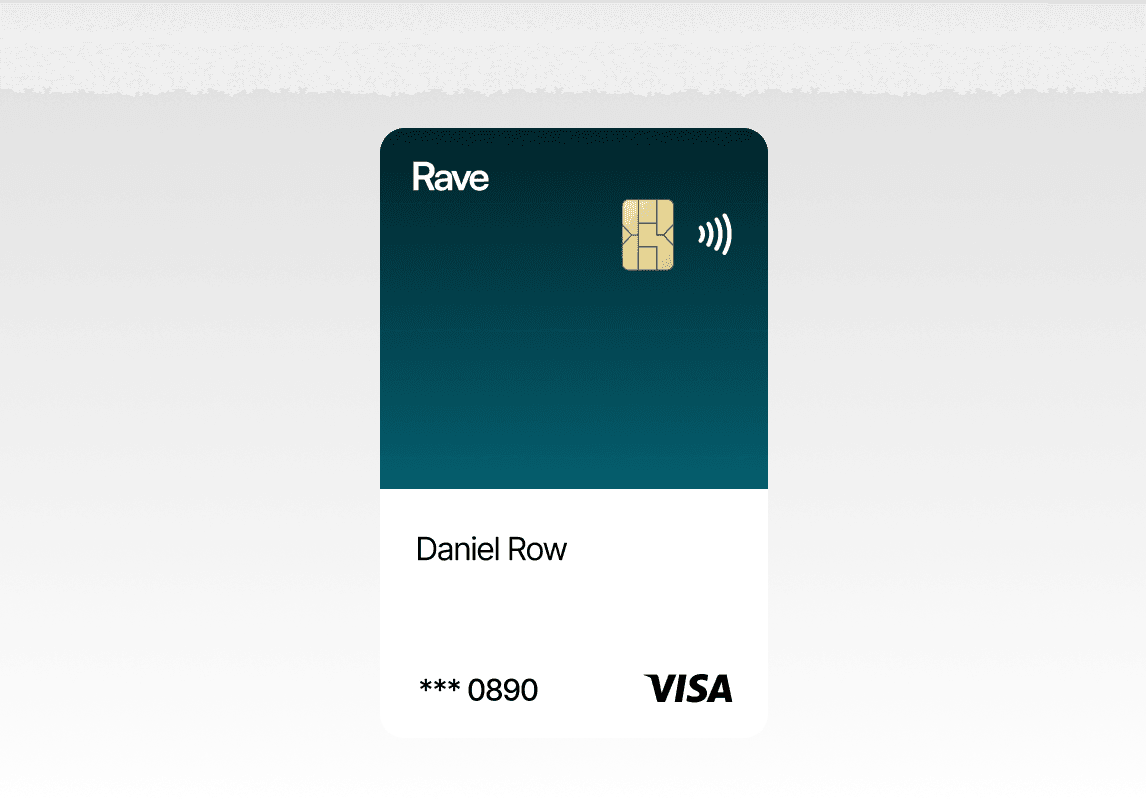 Rave Visa credit card, contactless payment symbol, Daniel Row name visible.  
