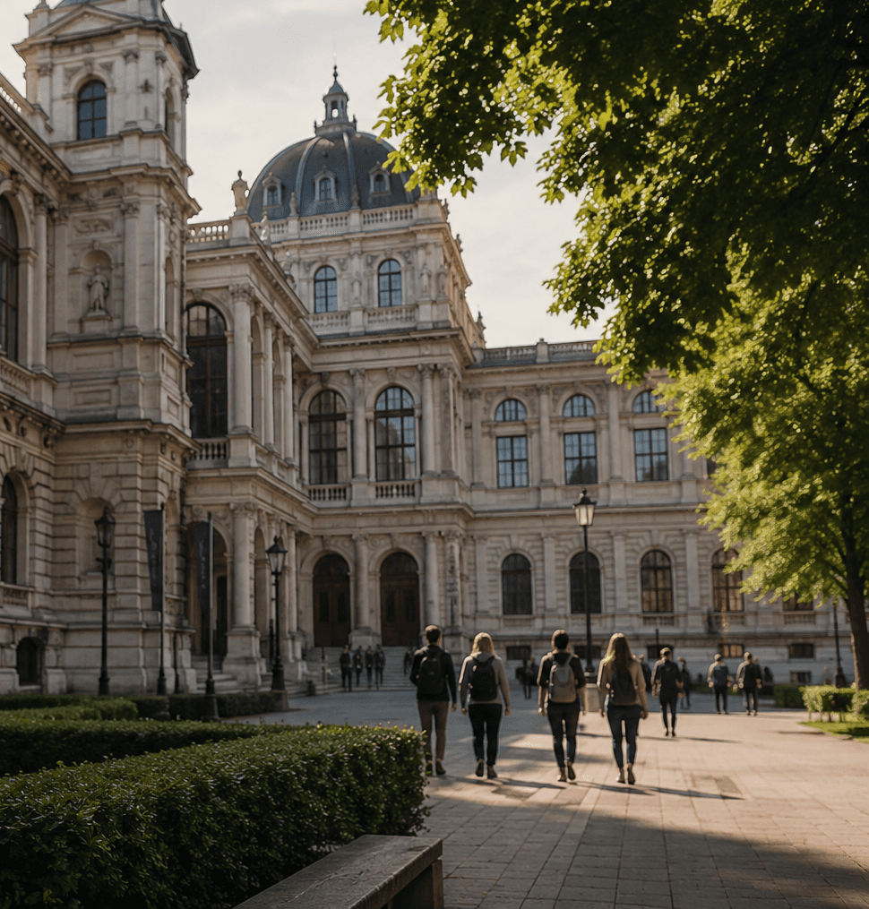 Historic university building in Vienna with students walking across campus