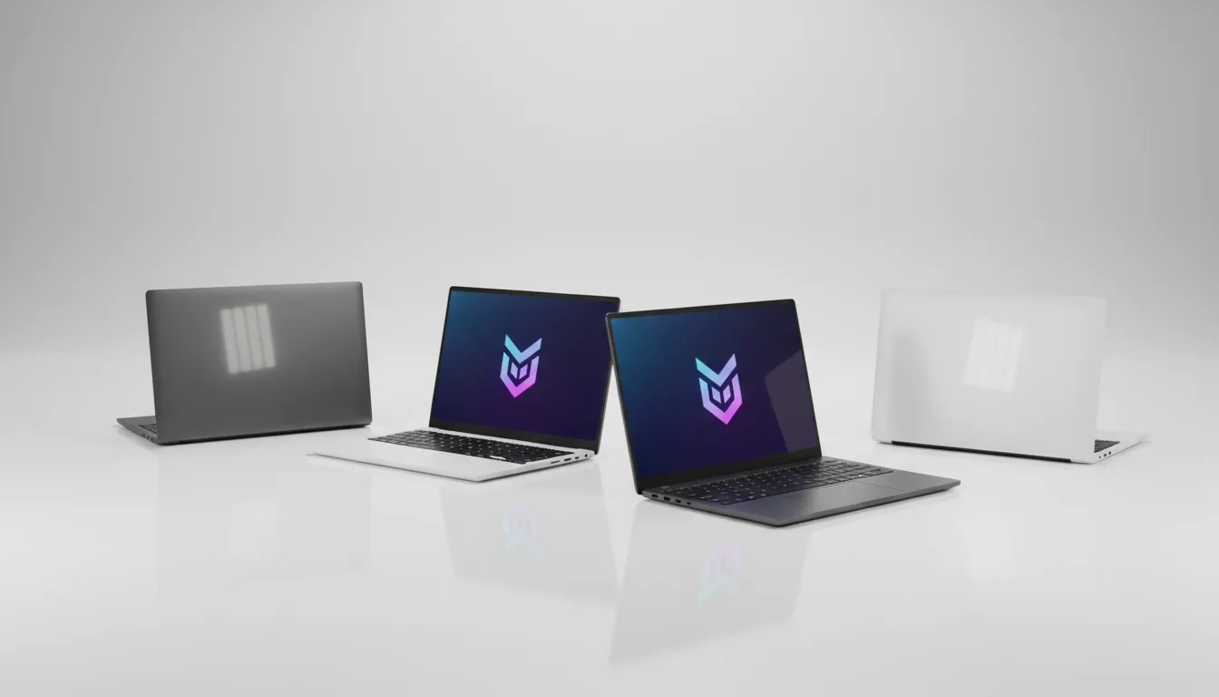 Minimalist 3D product render of four modern, ultra-thin gaming laptops arranged on a pristine white reflective surface. Two laptops are open, displaying a glowing iridescent stylized logo on a vibrant blue and purple screen. Two laptops are closed, showing their sleek metallic lids. There is one dark gray laptop and one white laptop in both the open and closed positions. The scene is illuminated by soft global illumination with subtle vertical light panel reflections, creating a clean, high-tech aesthetic and soft shadows.