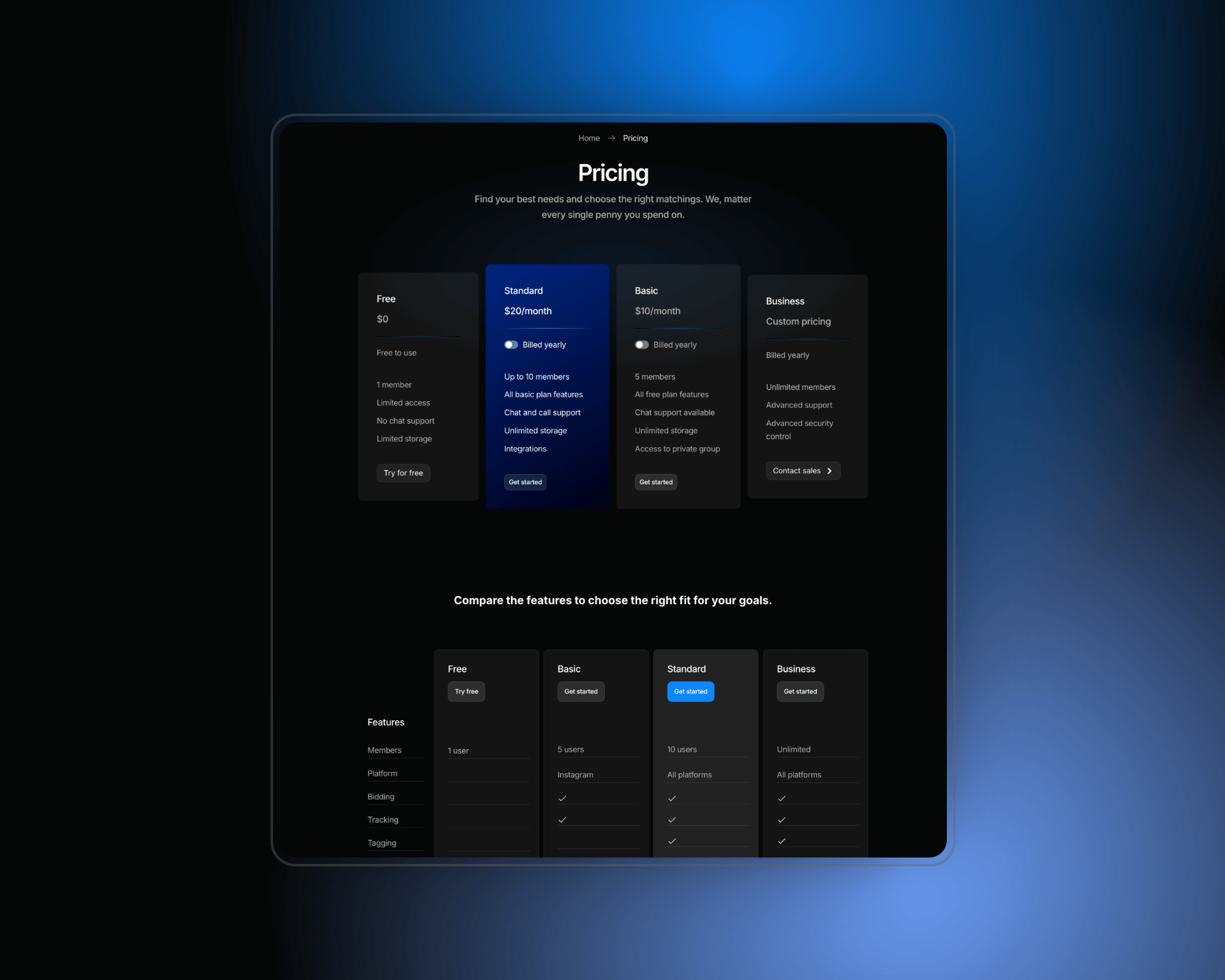 marktick, a framer dark themed website template pricing section mockup